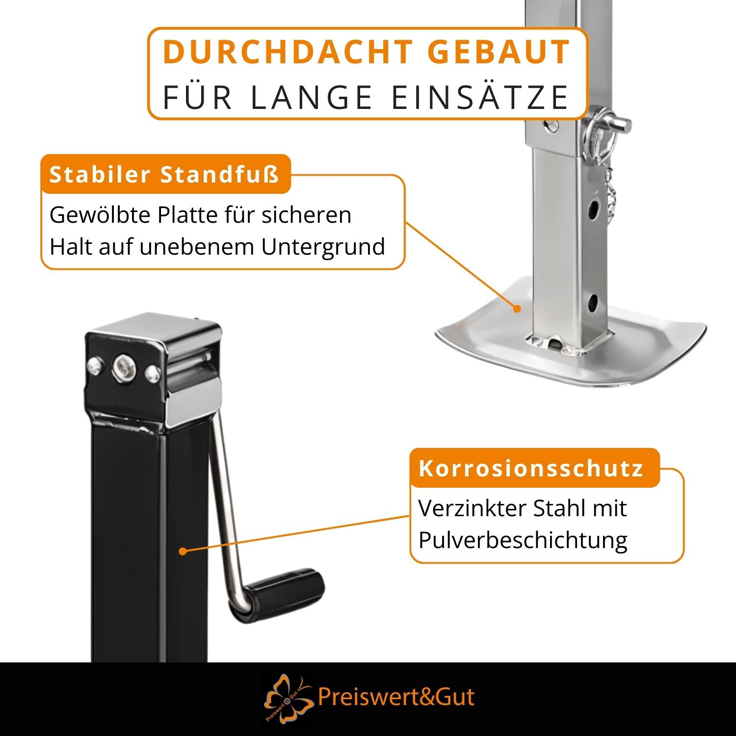 Das Bild zeigt ein Banner für Stahlprodukte mit Fokus auf einen stabilen Fuß und Korrosionsschutz, gekennzeichnet mit 'Durchdacht gebaut für lange Einsätze'.