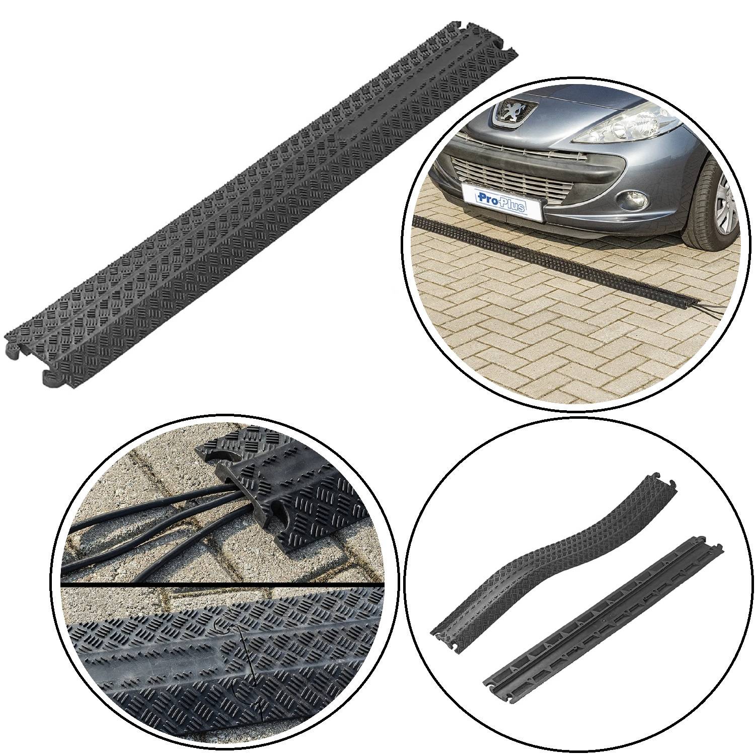 Kabelschutzrampen aus Gummi mit Rautenmuster; ein Auto ist darüber geparkt und schützt die Kabel darunter.