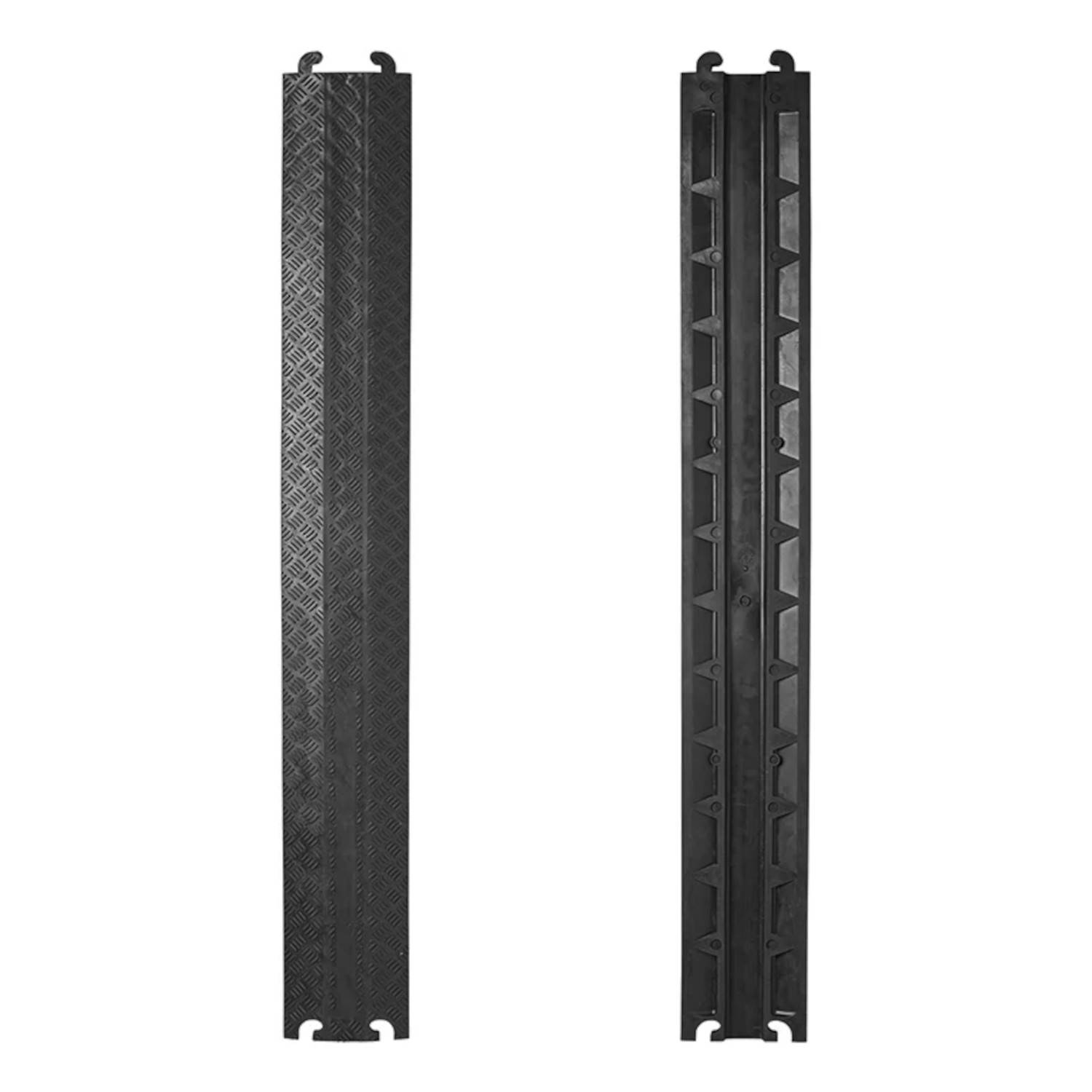 Zwei lange, schmale schwarze Kunststoffplatten mit strukturierten Oberflächen, die mit ineinandergreifenden Kanten zur Verbindung versehen sind, nebeneinander dargestellt.