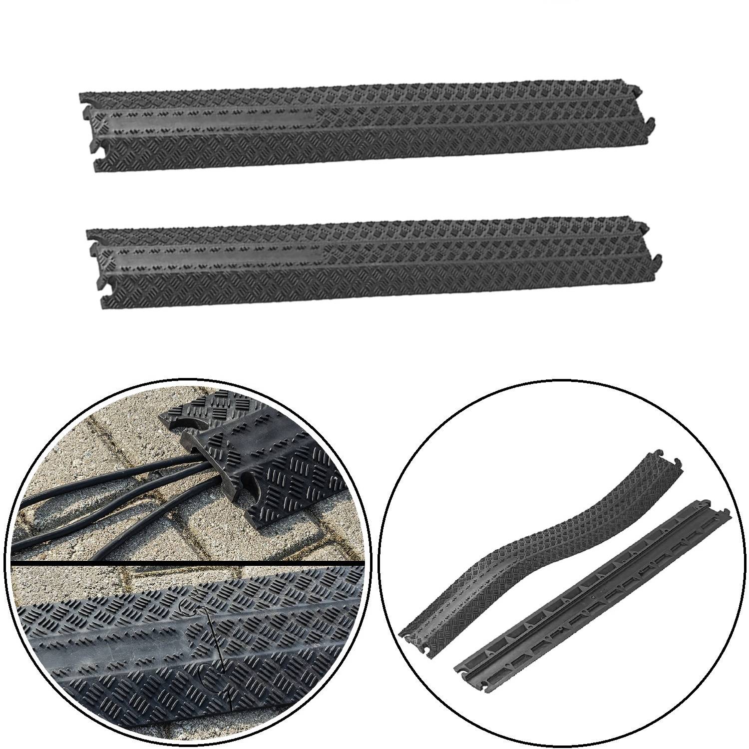 Zwei schwarze Kabelschutzprofile mit strukturierter Oberfläche, eines gerade, eines leicht gebogen. Kreisförmige Einblendungen zeigen Kabelschutzprofile, die Kabel auf Pflaster bedecken.