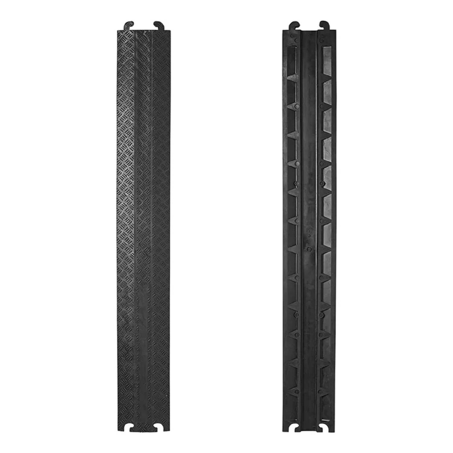 Zwei lange, schwarze, strukturierte Paneele, von vorne und hinten betrachtet, mit unterschiedlichen Oberflächendesigns und Verschlussmechanismen für die Montage.