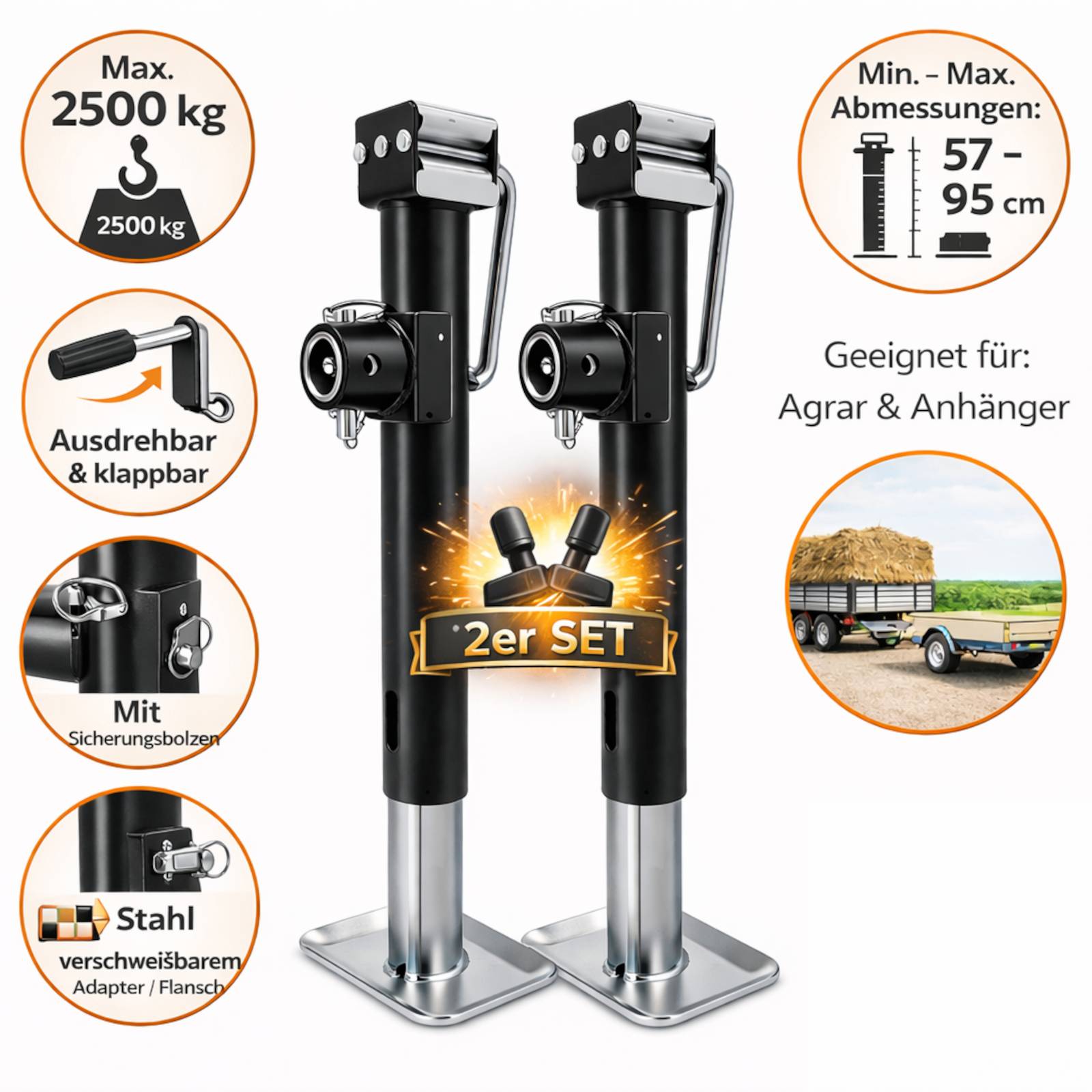 Anhänger Stützen Set 2er Kurbelstützen Ausdrehstütze 570-950mm je 2500kg 7,4kg