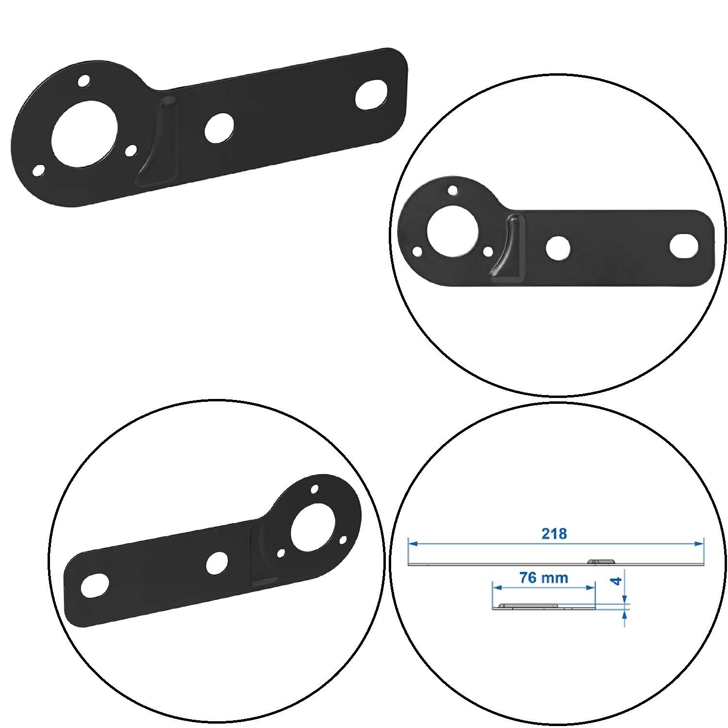Schwarze Metallhalterung mit drei kreisförmigen Löchern, aus verschiedenen Blickwinkeln dargestellt. Abmessungen: 218 mm Länge, 76 mm Lochabstand.