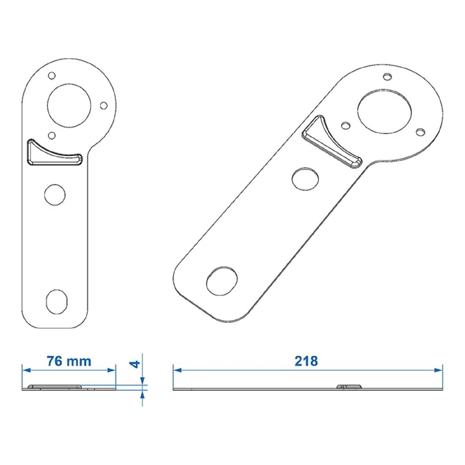 Technische Zeichnung eines Metallhalters mit zwei Ansichten. Maße: Linke Ansicht zeigt eine Breite von 76 mm, Seitenansicht zeigt eine Länge von 218 mm.