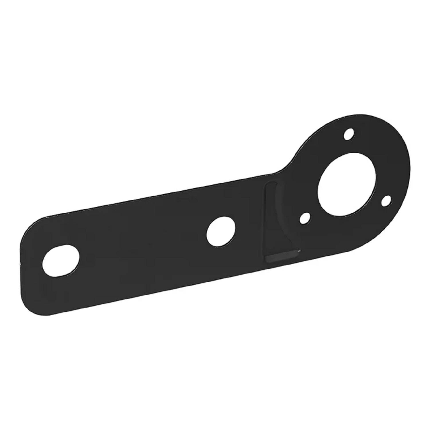 Eine schwarze Metallhalterung mit drei Löchern, darunter ein großes rundes Loch, die zur Montage oder Befestigung verwendet wird.