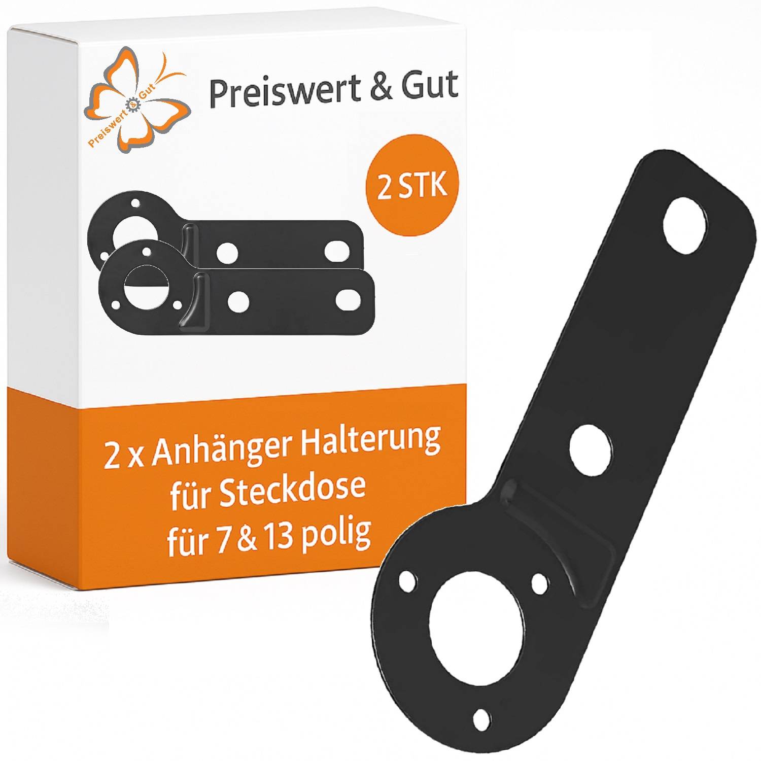 Paket beschriftet mit 'Preiswert & Gut' mit zwei schwarzen Anhängersteckdosenhaltern für 7- und 13-polige Stecker.