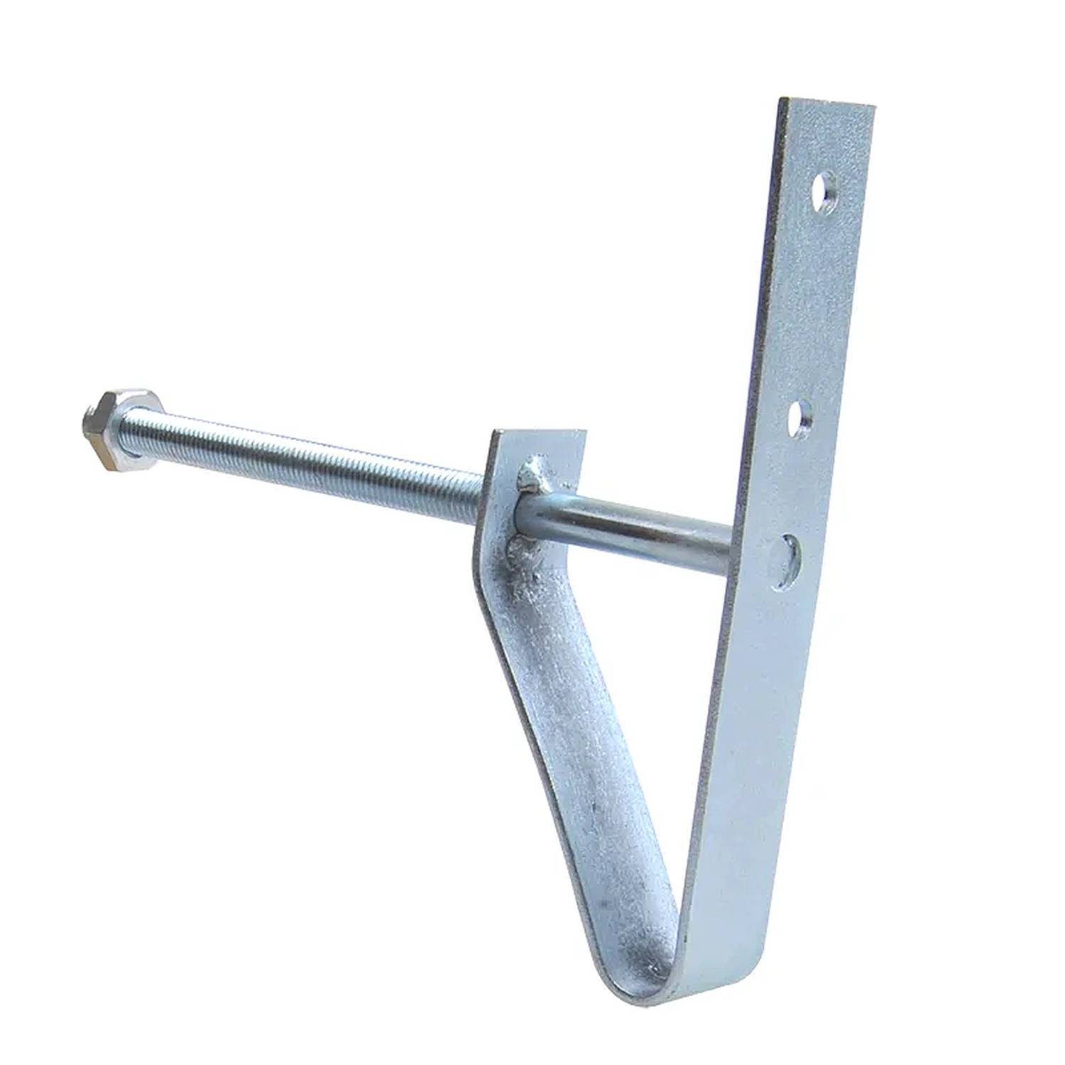 Ein metallischer Wandhalter mit einer Gewindeschraube und Befestigungslöchern, der zum Sichern von Gegenständen an Oberflächen verwendet wird.