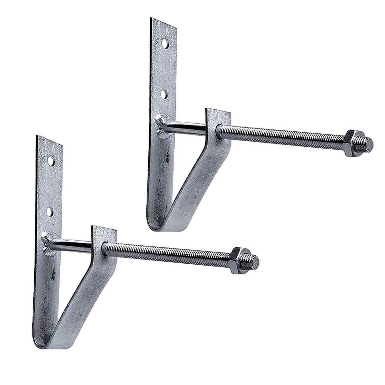 Zwei Metall-Wandhalterungen mit Schrauben und Muttern zur Befestigung, auf einem schlichten weißen Hintergrund dargestellt. Entwickelt für eine sichere Unterstützung von Regalen oder Gegenständen.