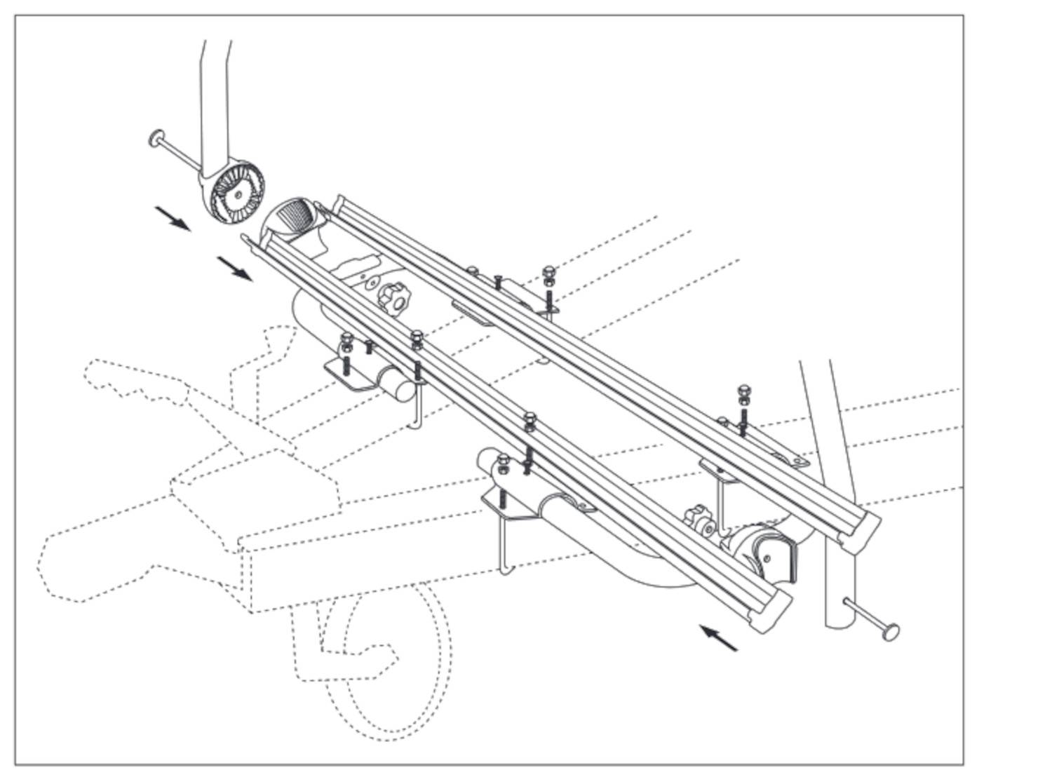 Diagramm eines Fahrzeugunterbaus mit einer Installation von Trittbrettern. Pfeile zeigen die Befestigungspunkte am Rahmen.