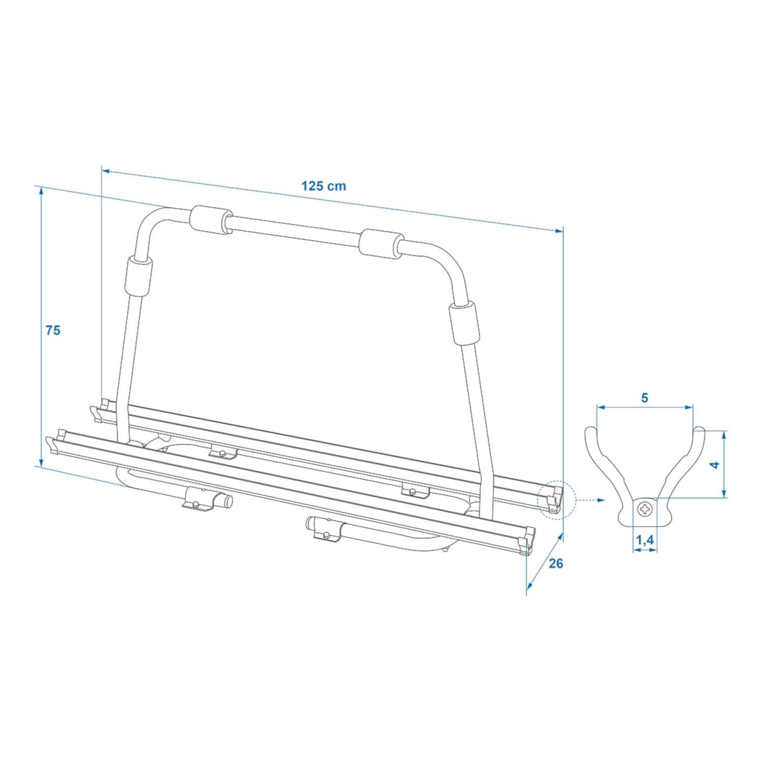 Eine technische Zeichnung eines Fahrradständers mit Abmessungen: Breite 125 cm, Höhe 75 cm, Tiefe 26 cm. Die seitliche Ansichtsbreite misst 14 cm.