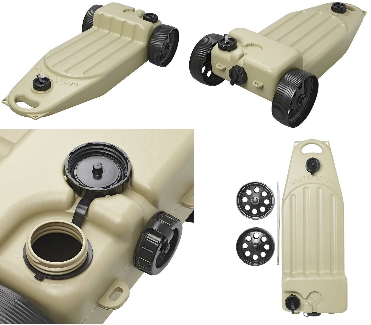 Beige Plastik-Kraftstofftank mit schwarzen Verschlüssen und Rädern, mit der Aufschrift 