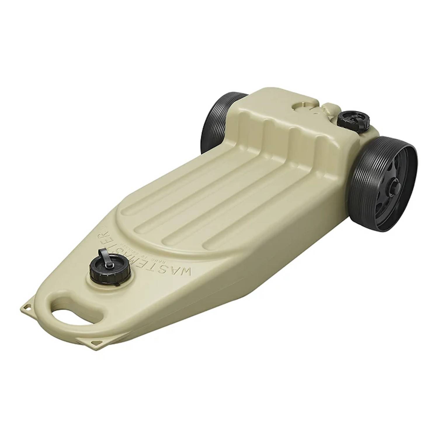 Rasensprenger-Grundgestell 'Westerly Water Buggy' in Beige mit zwei großen schwarzen Rädern und einem Griff. Konzipiert für einfache Handhabung und Stabilität.