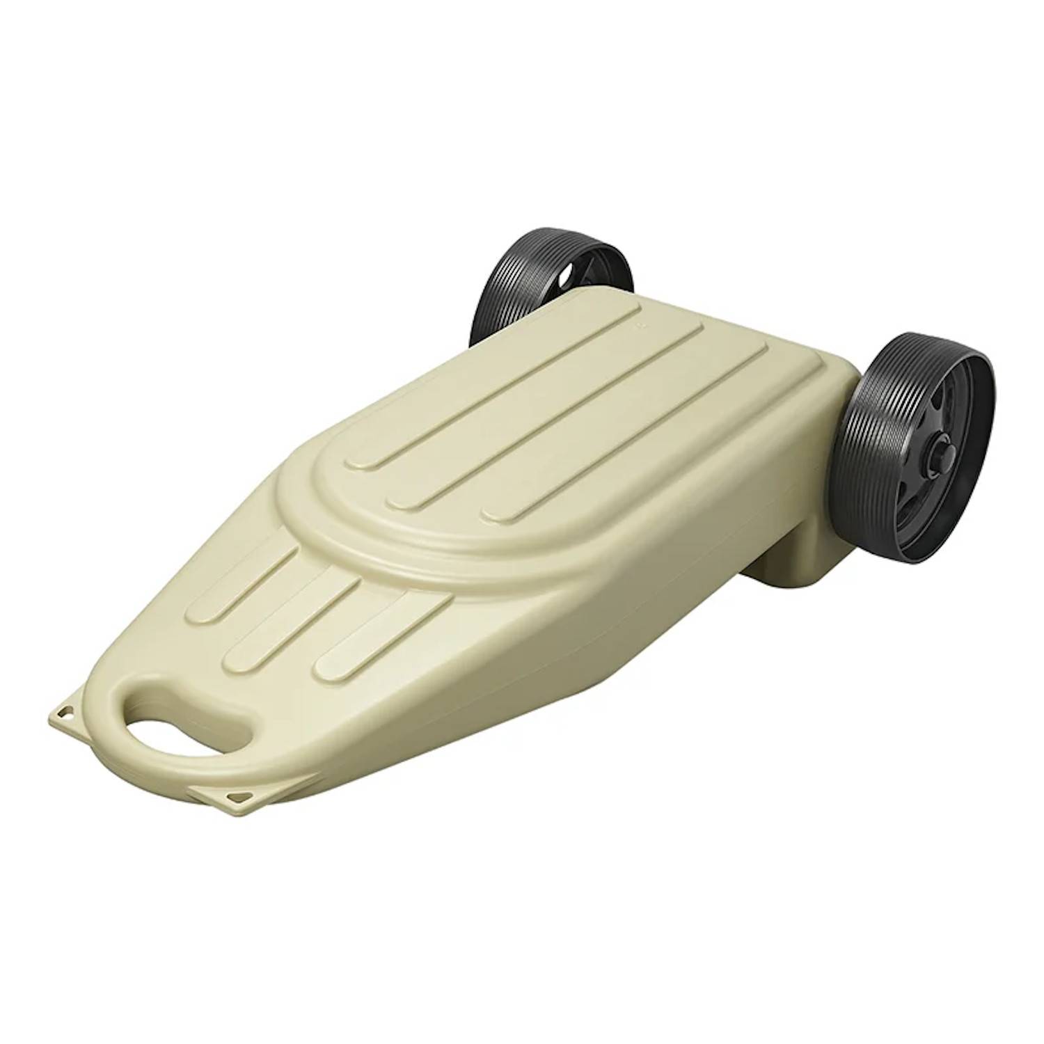 Ein beiger, auf Rollen montierter Sand- und Wasserbehälter für einen mobilen Basketballkorb, der auf der Seite liegend mit sichtbaren Rädern und Griff zu sehen ist.