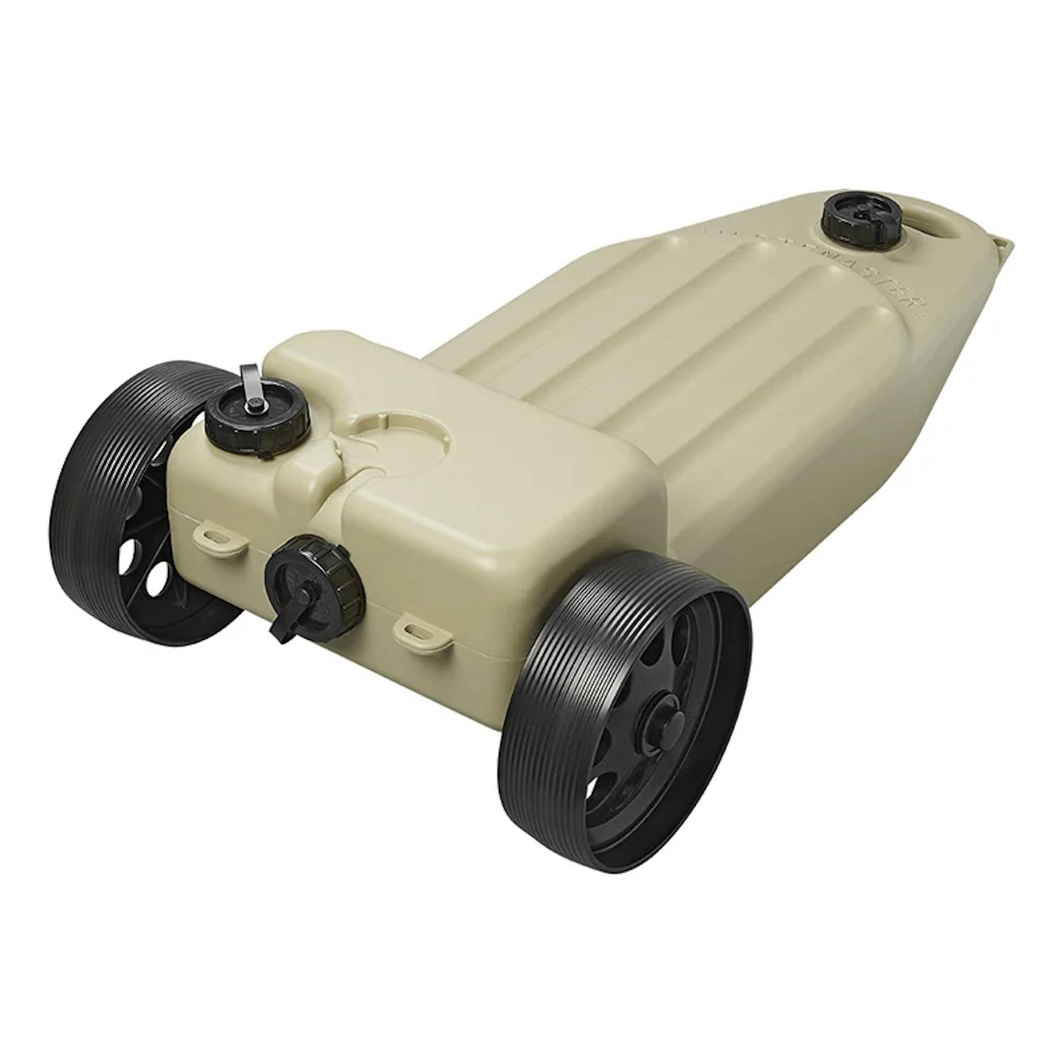 Ein beiger, mit Wasser gefüllter Rasenwalze mit zwei großen schwarzen Rädern, die zum gleichmäßigen Einebnen des Bodens konzipiert ist. Sie verfügt über Verschlüsse zum Befüllen und Entleeren.