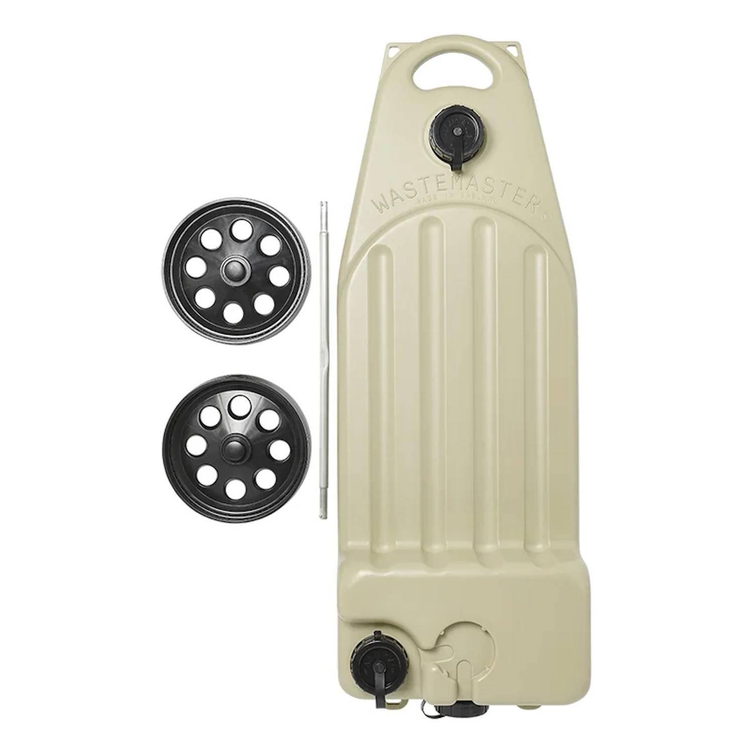 Ein beiger Abwassercontainer mit Rollen und einem Griff für einfachen Transport. Enthält zwei abnehmbare schwarze Rollen und eine Metallstange.