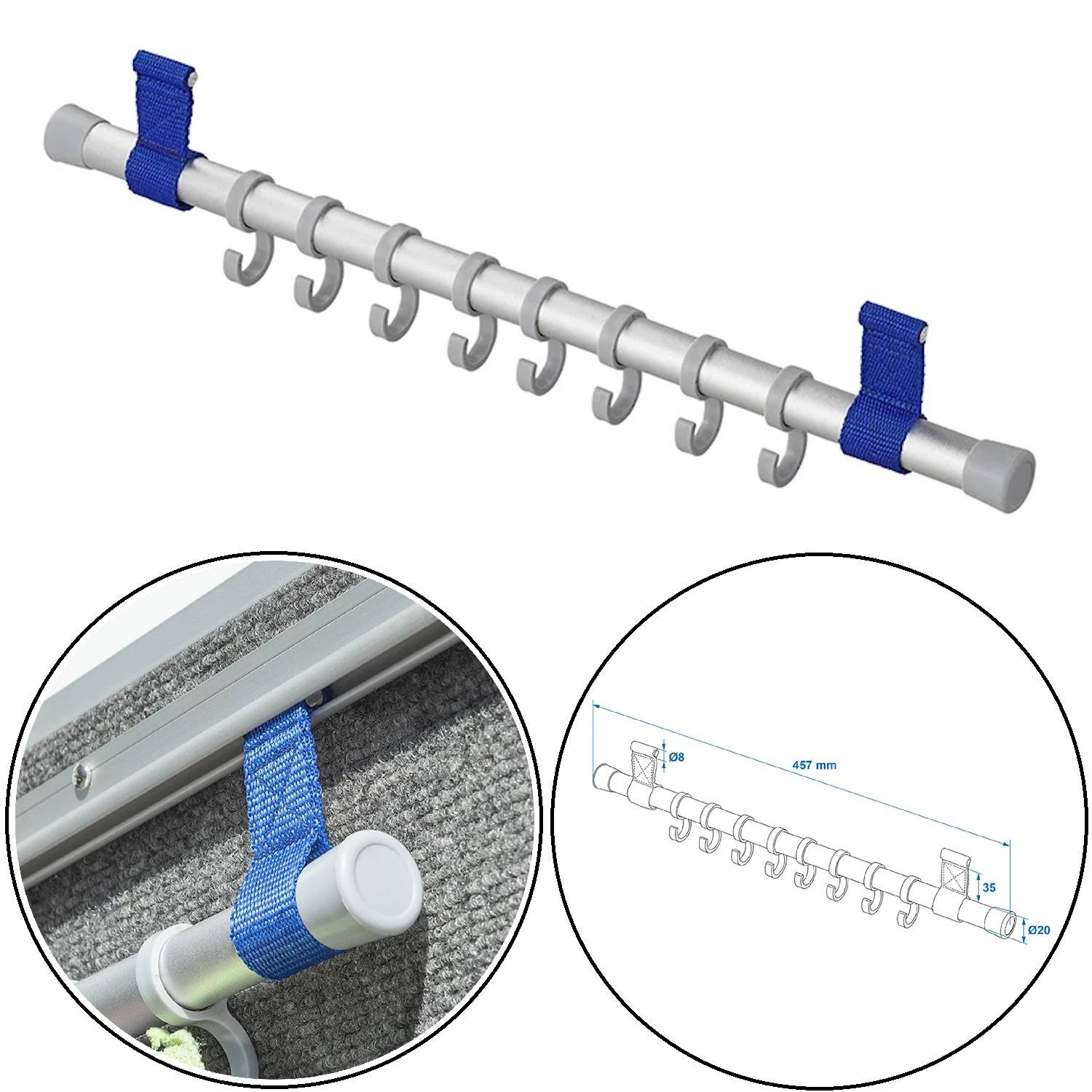 Eine Metallschiene mit acht gleichmäßig verteilten Haken wird gezeigt, befestigt mit blauen Trägern. Enthält detaillierte Nahaufnahme und Maßskizze.