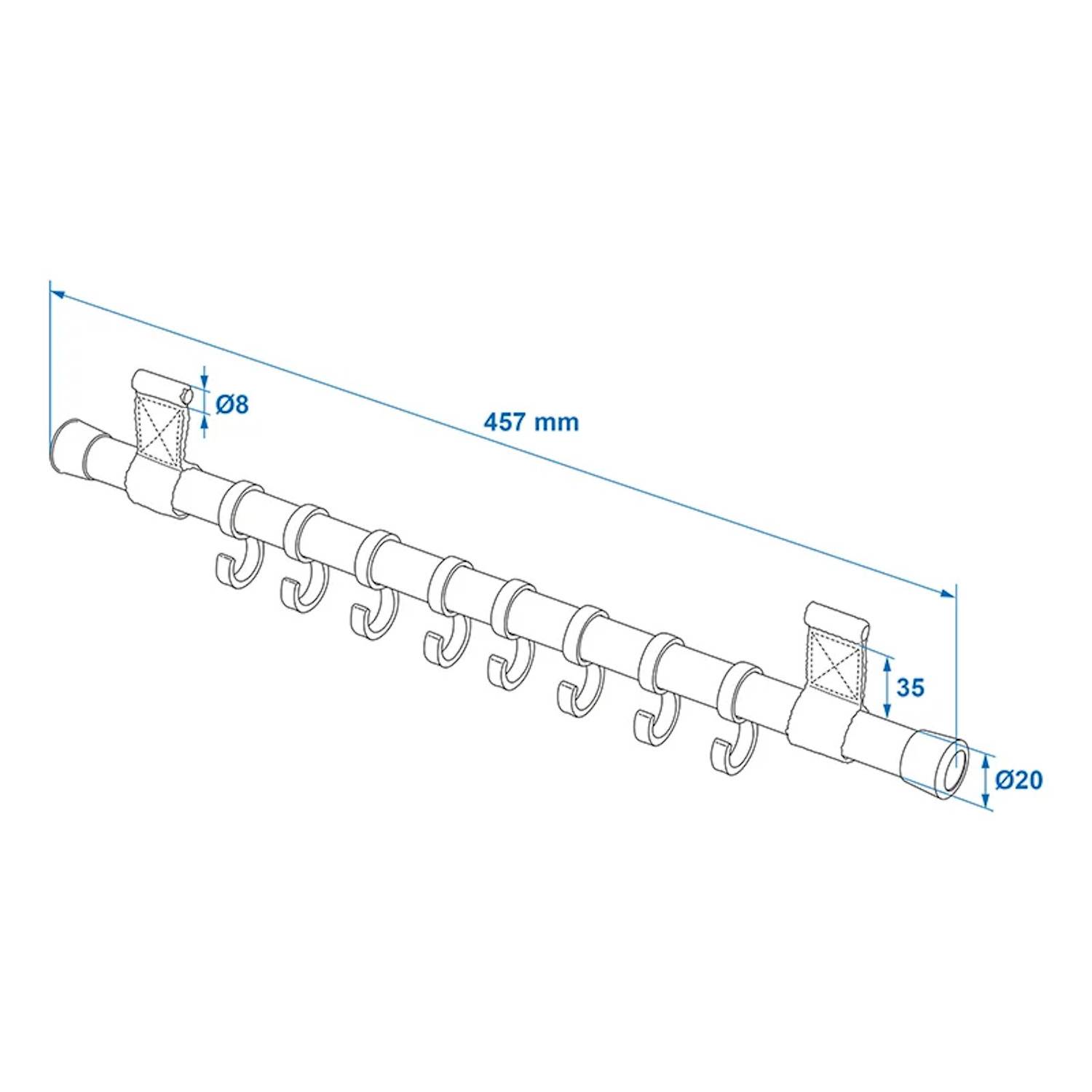 Eine technische Zeichnung eines wandmontierten Hakenregal mit Abmessungen: Länge 457 mm, Durchmesser 20 mm. Es verfügt über acht Haken und Befestigungsklammern.