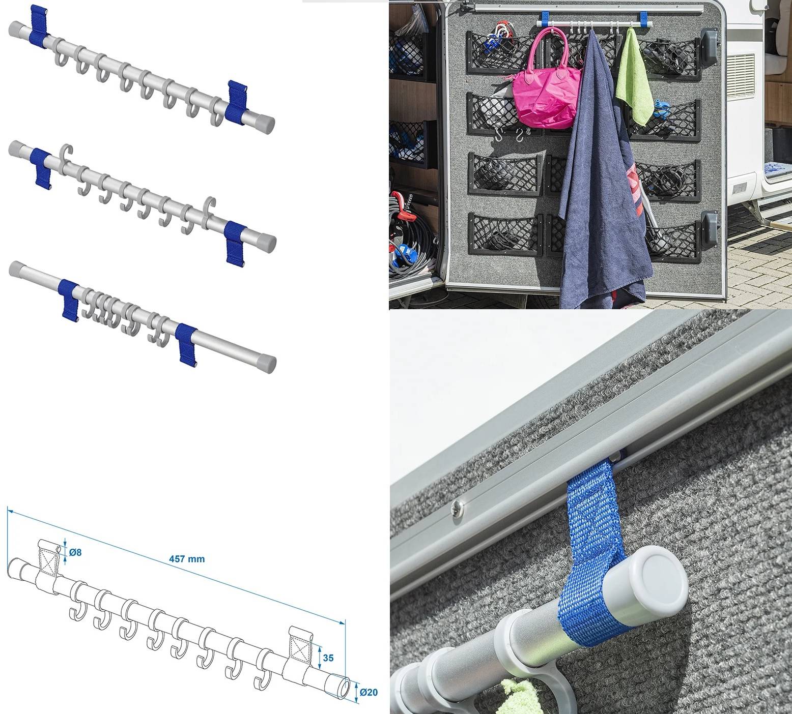 Flexible Stauraum-Lösung mit Haken und Gurten zur Organisation von Gegenständen im Fahrzeug. Enthält Diagramme, die Hakendimensionen und Installation zeigen.