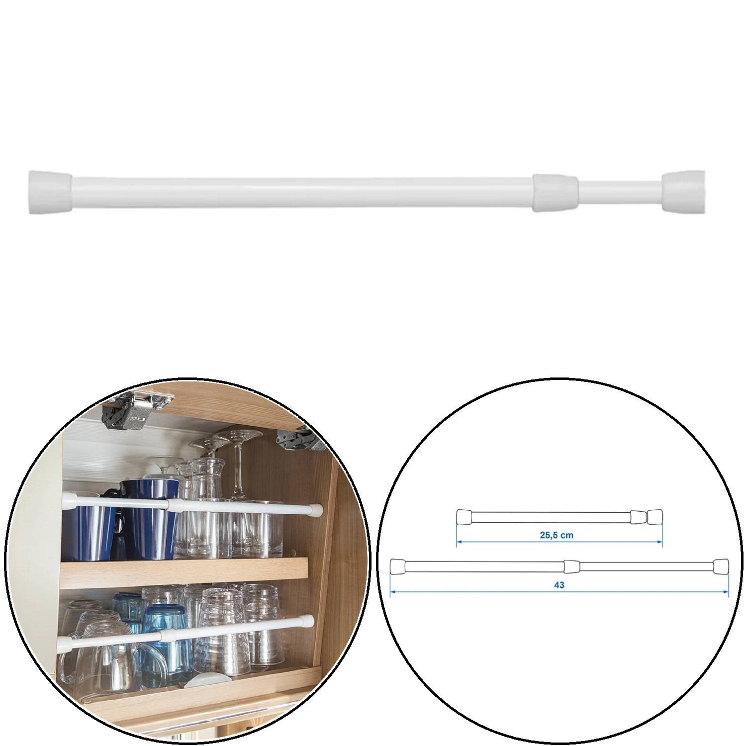 Verstellbare Spannstange zur Befestigung von Gegenständen in einem Küchenschrank. Diagramm zeigt Stangenlänge von 26,5 bis 43 cm.