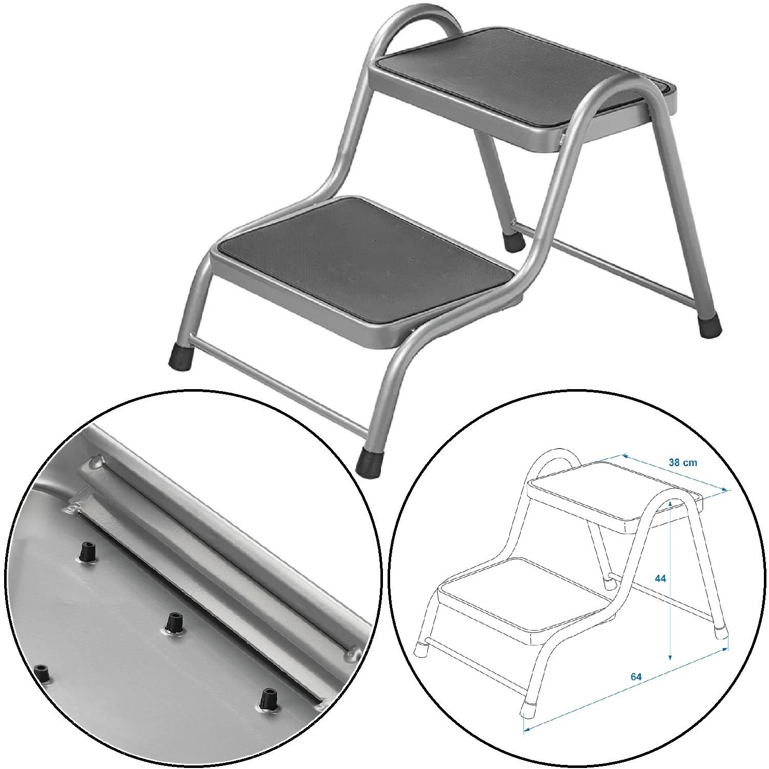 Grauer Klapptritthocker mit zwei Stufen und Gummigriffsflächen. Enthält eine detaillierte Skizze mit Abmessungen: 38 cm breit, 64 cm hoch.