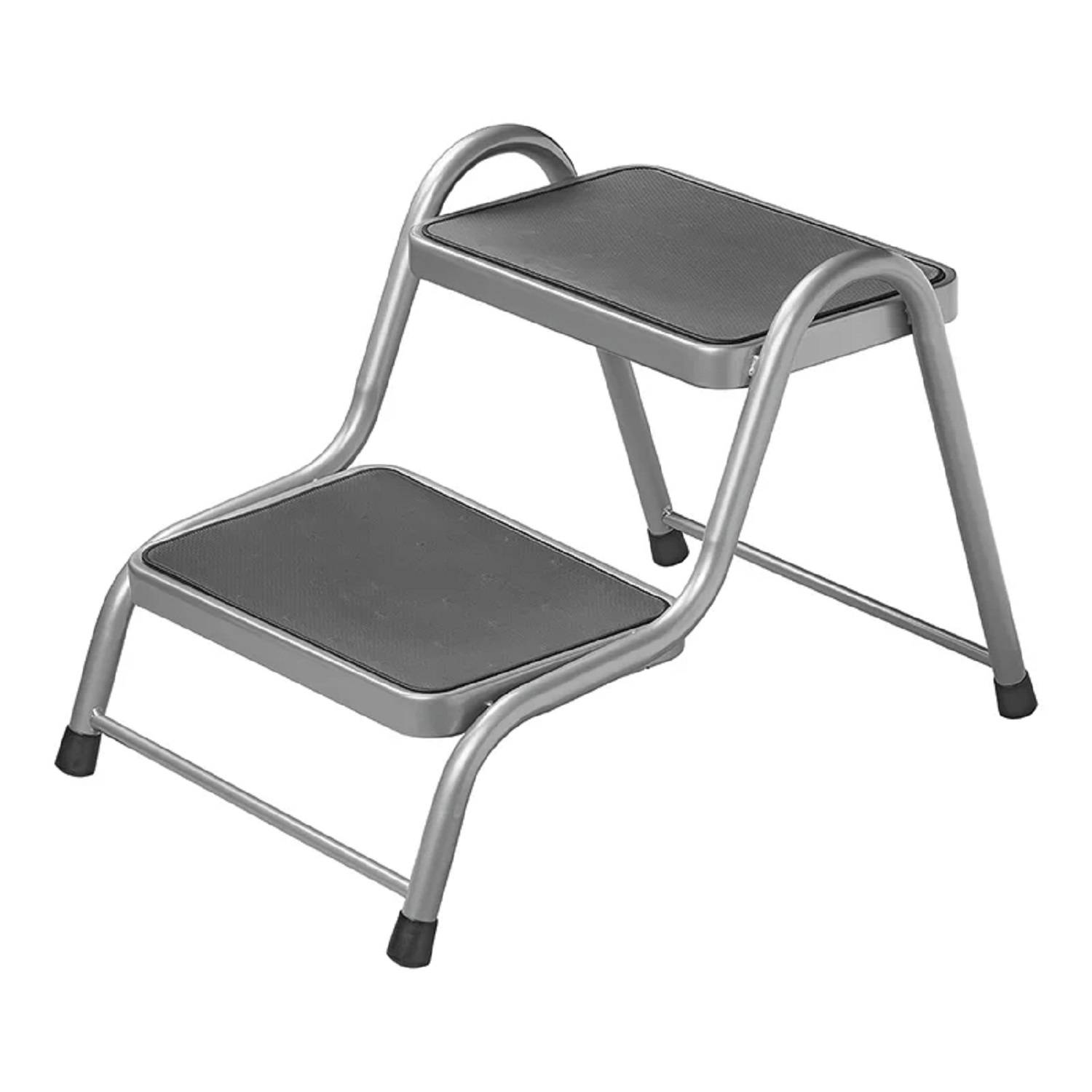 Eine kleine Zweistufenleiter mit Metallrahmen und schwarzen rutschfesten Stufen. Geeignet, um sicher höher gelegene Regale oder Gegenstände zu erreichen.
