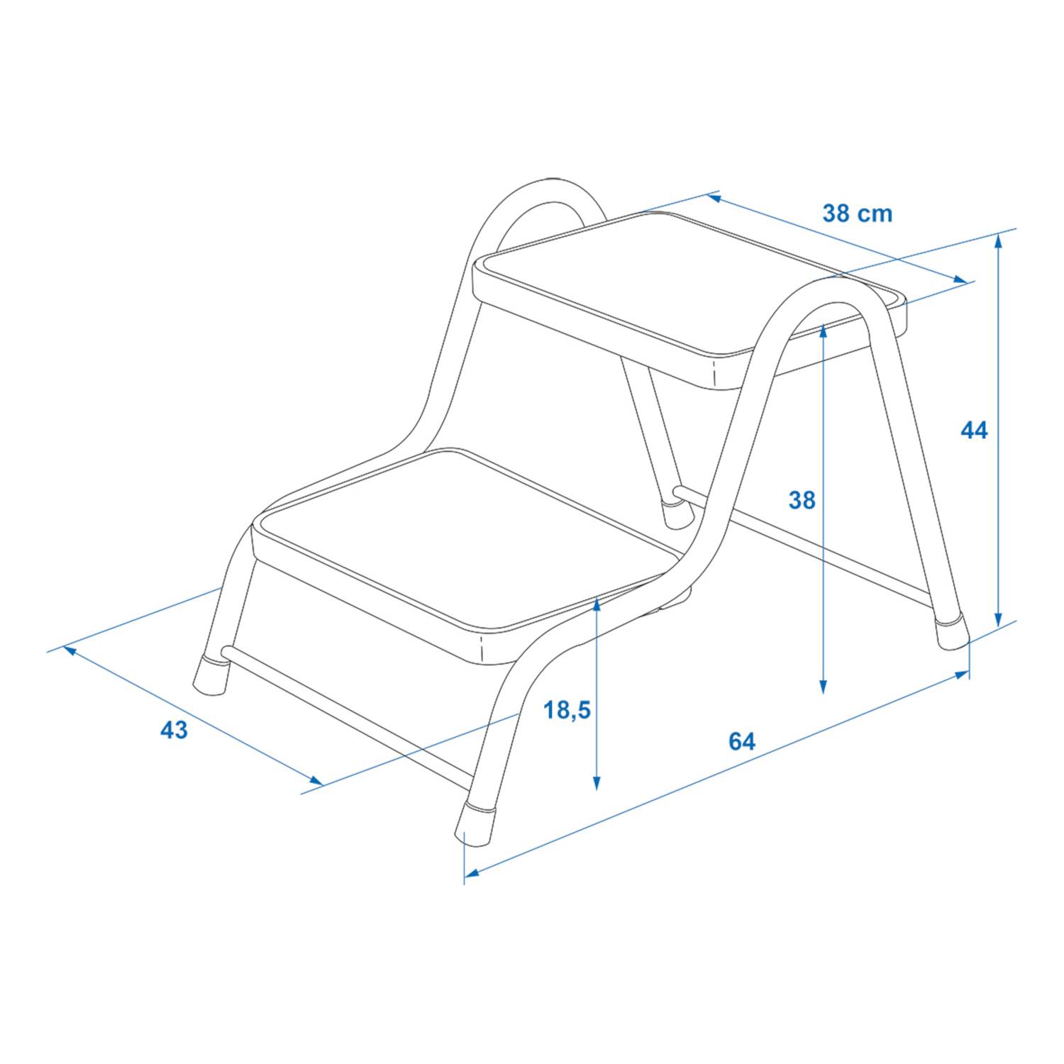 Skizze eines zweistufigen Klapphocker mit Maßen: Höhe 44 cm, Tiefe 64 cm, Breite 43 cm und Stufenabmessungen von 38 cm und 18,5 cm.
