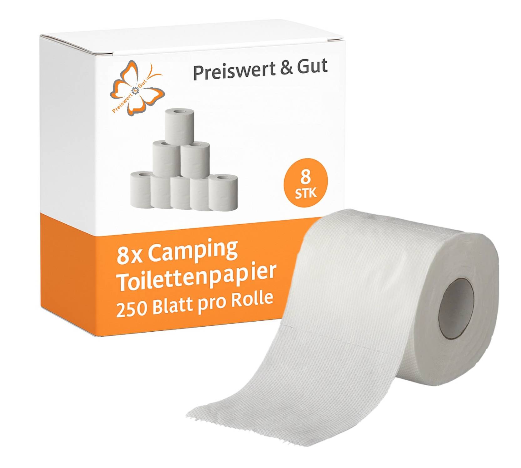 8x Camping Toilettenpapier, 250 Blatt pro Rolle