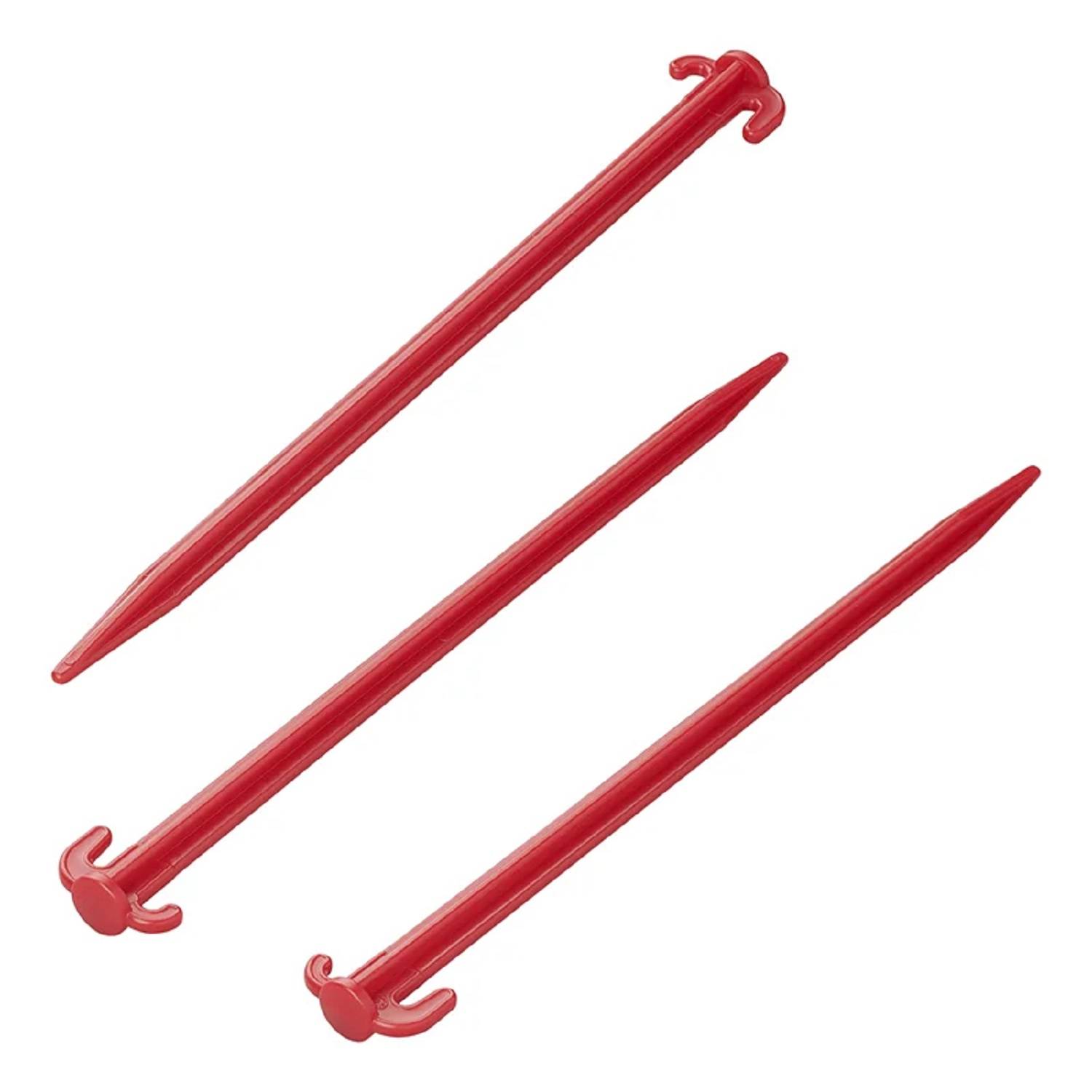 Drei rote Zeltheringe auf weißem Hintergrund, jeder mit einem gehakten Kopf und einer spitzen Spitze zum Befestigen des Zeltes im Boden.