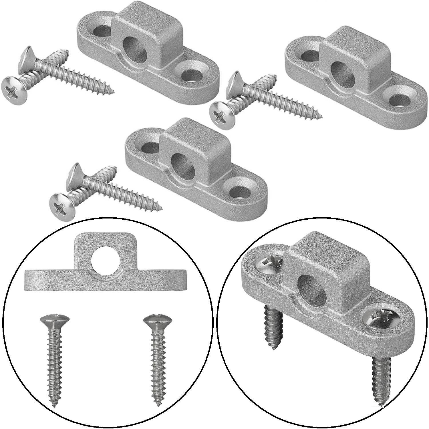 Fünf silberne Klemmhalterungen mit Schrauben, aus verschiedenen Blickwinkeln dargestellt.
