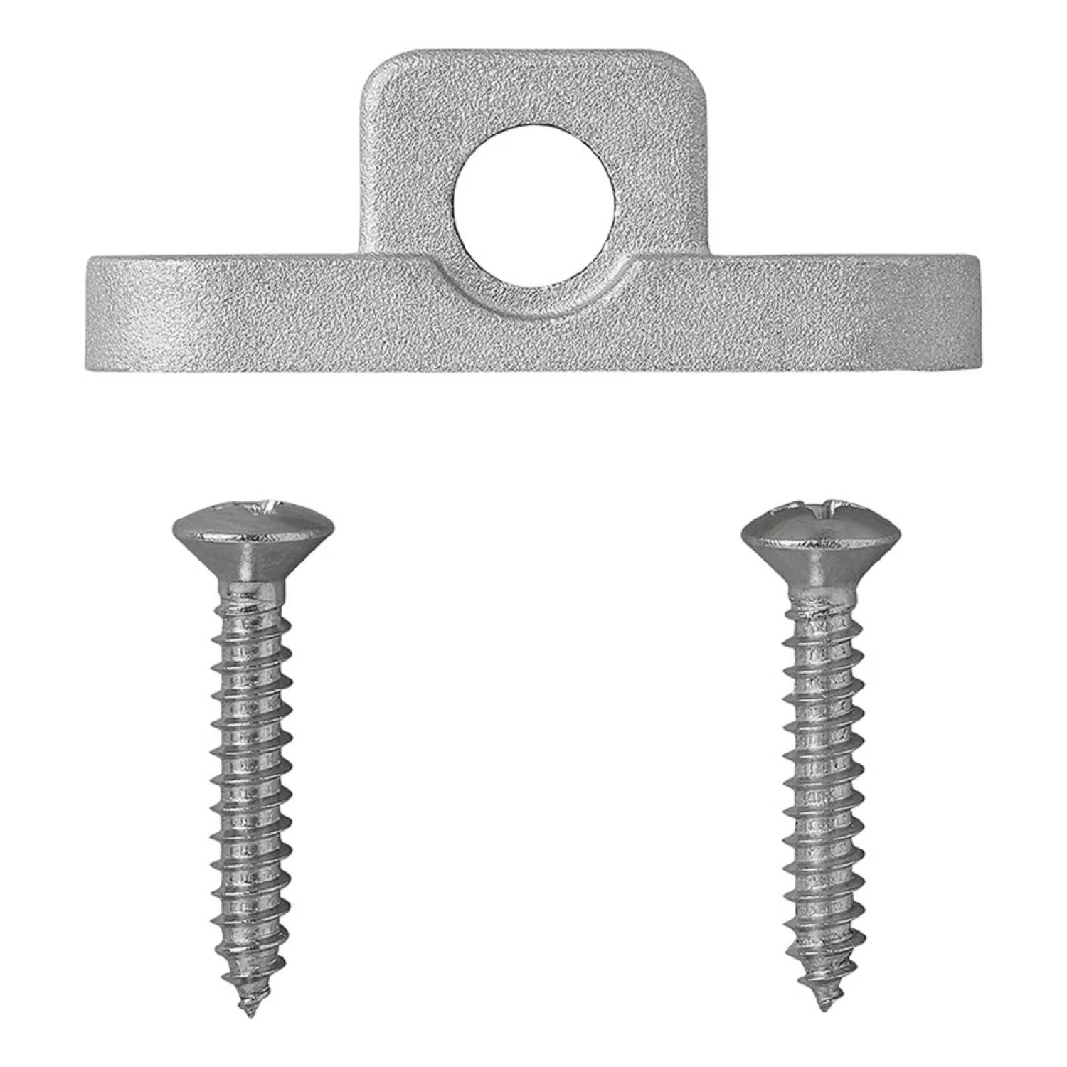 Silberner Metallbügel mit kreisförmiger Öffnung in der Mitte, begleitet von zwei Schrauben darunter, vor einem weißen Hintergrund.