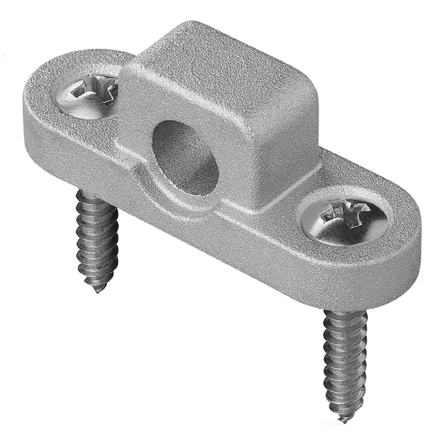 Metallhalterung mit zwei Schrauben, konzipiert für die Montage. Sie verfügt über ein zentrales Loch, durch das ein Rohr oder eine Stange geführt werden kann.