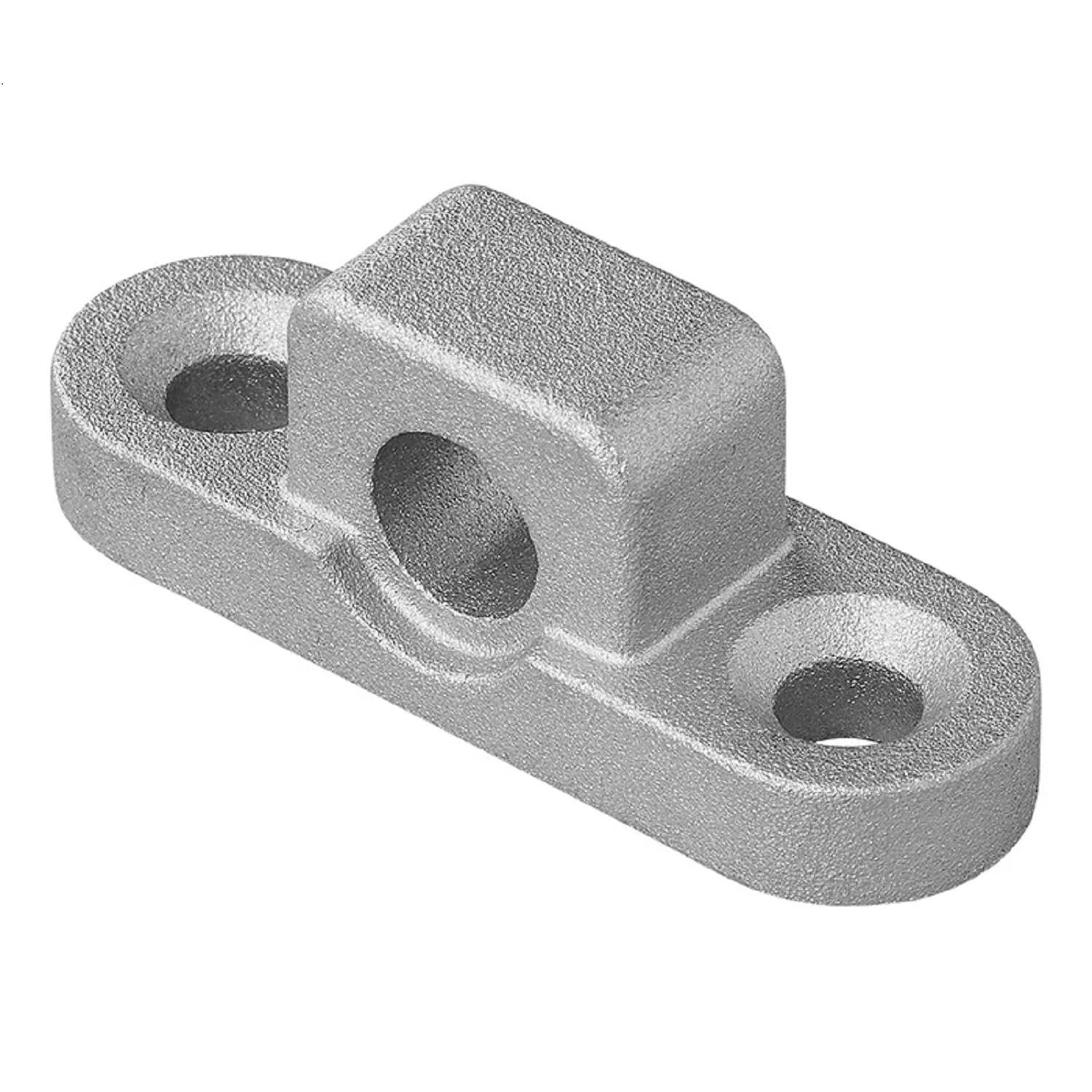 Eine Metallhalterung mit einem zentralen erhabenen Block, der eine kreisförmige Bohrung aufweist und von zwei Schraubenlöchern zur Befestigung flankiert wird.