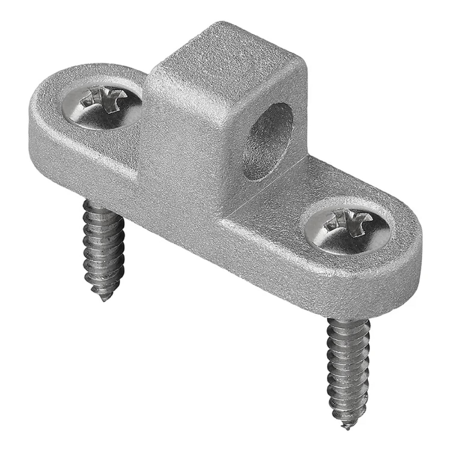 Eine Metallfassung mit zwei Schrauben, die zum Befestigen von Gegenständen bei Bau- oder Montagearbeiten verwendet wird.