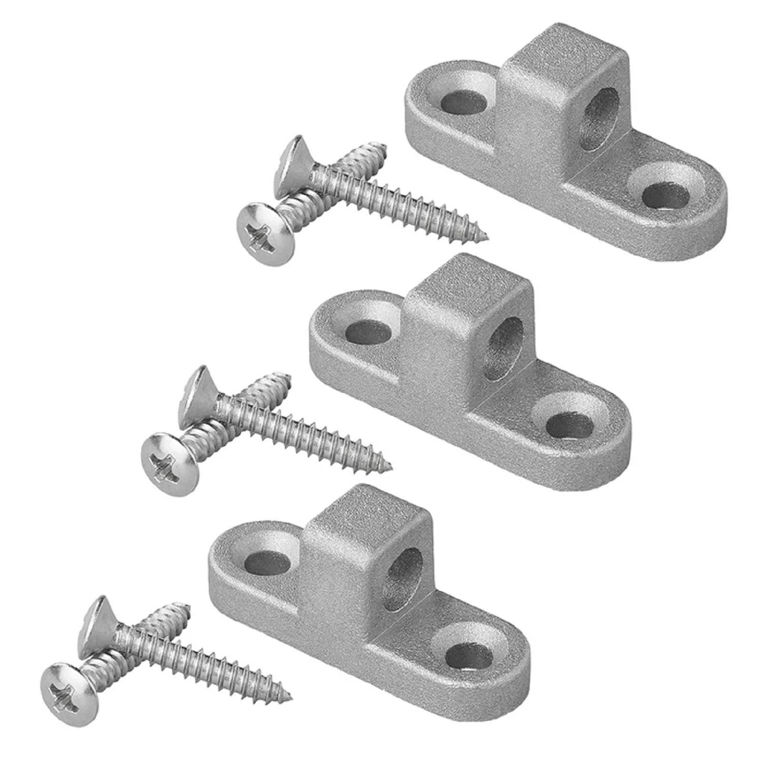 Drei silberne Metallhalterungen mit Löchern für Schrauben, jeweils begleitet von drei silbernen Schrauben.