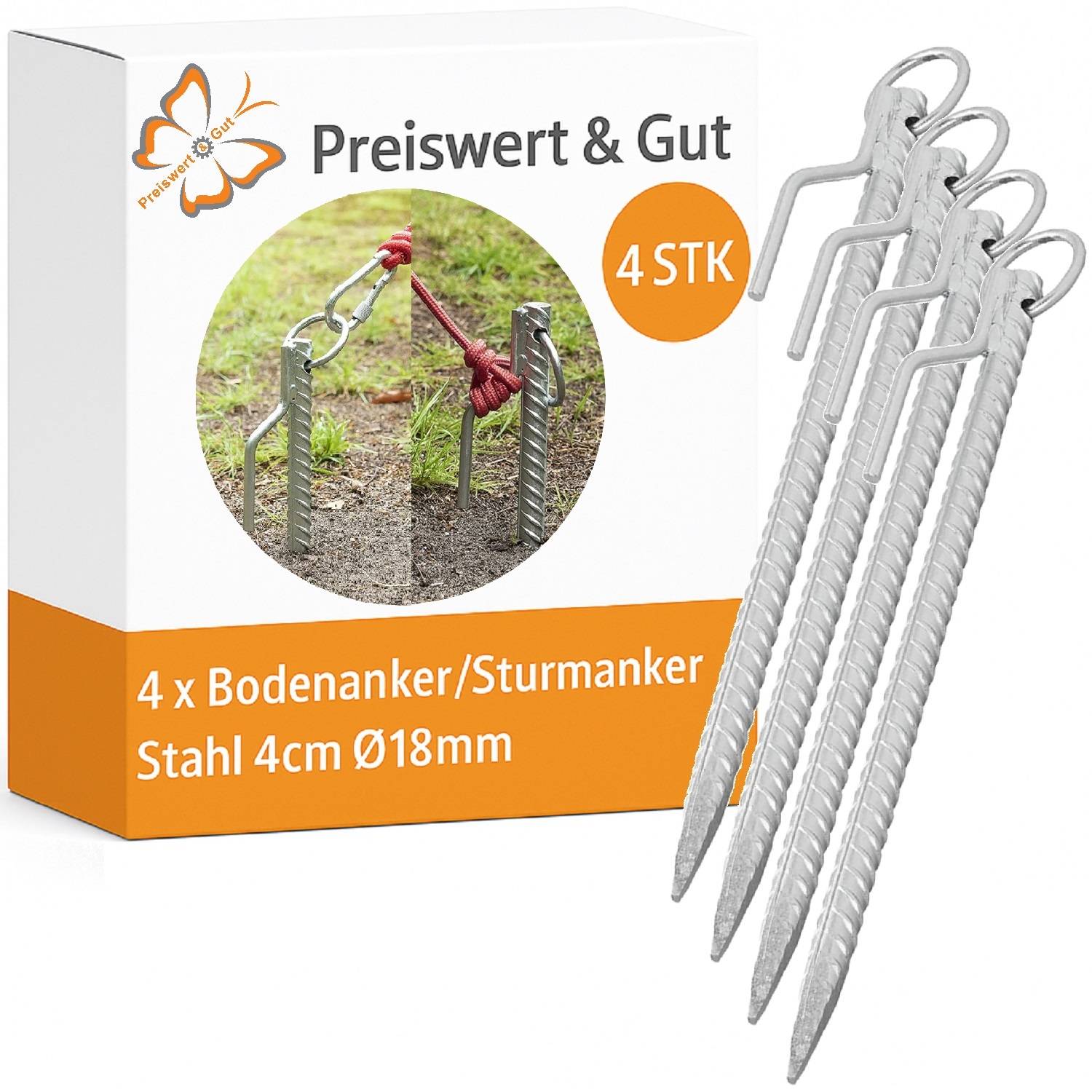 Verpackung für das Sturmanker-Set 'Preiswert & Gut'. Enthält vier Stahlbodendübel mit 18 mm Durchmesser und 4 cm Länge, ausgestattet mit Haken. Bild zeigt sichere Befestigung auf Rasenflächen.