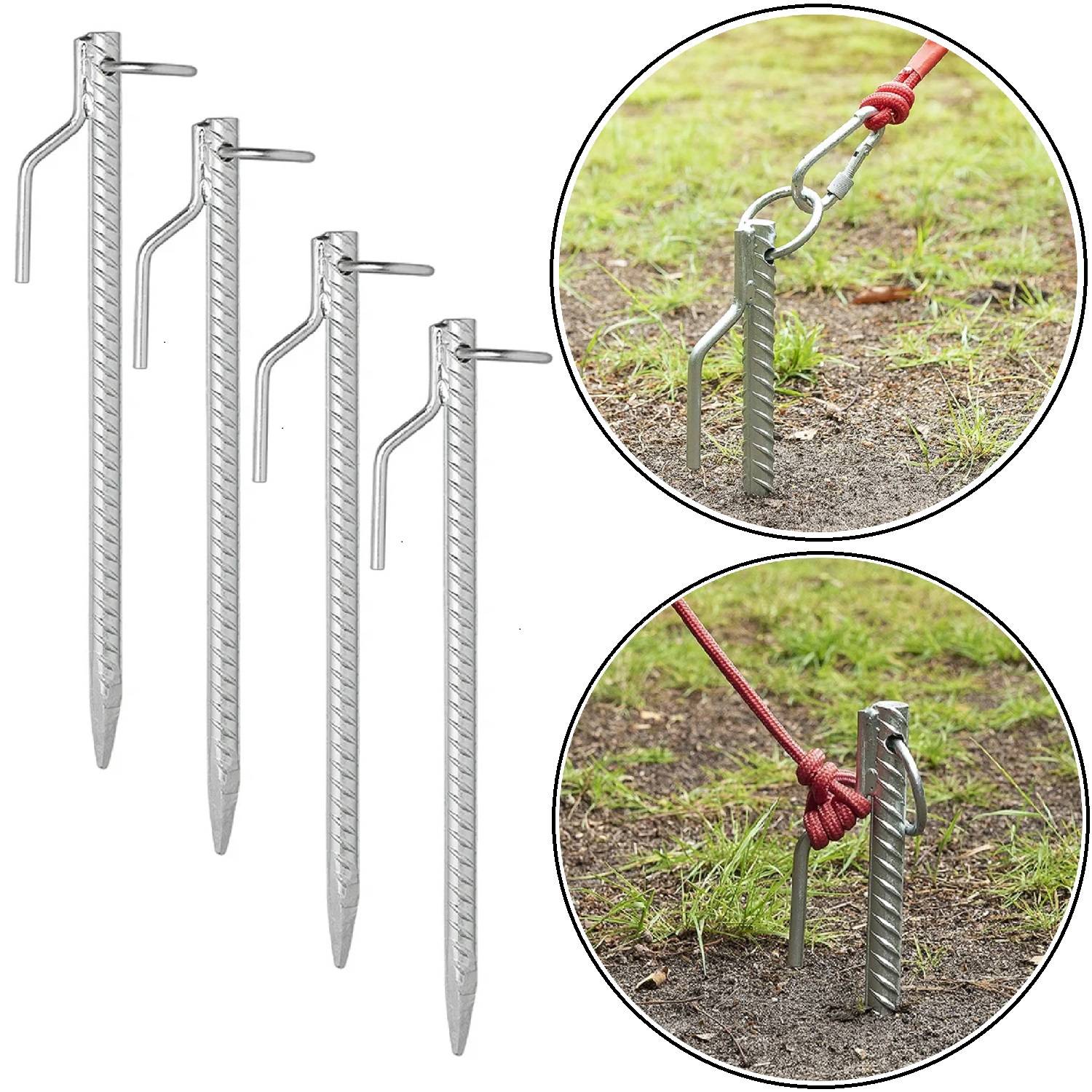 Vier Metallheringe mit Haken, die neben Detailaufnahmen eines Herings gezeigt werden, der ein rotes Seil am Boden befestigt.