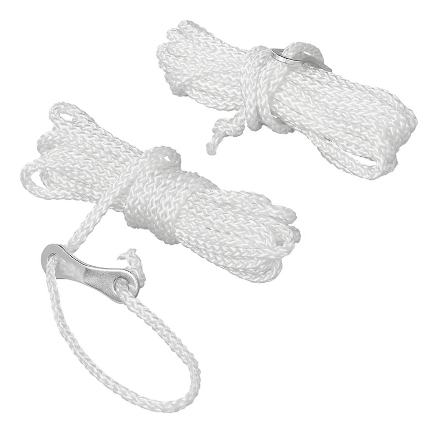 Zwei Bündel weißer Seile mit Knoten, eines mit einem Metalltensor. Ideal zum Befestigen von Zelten oder Planen.