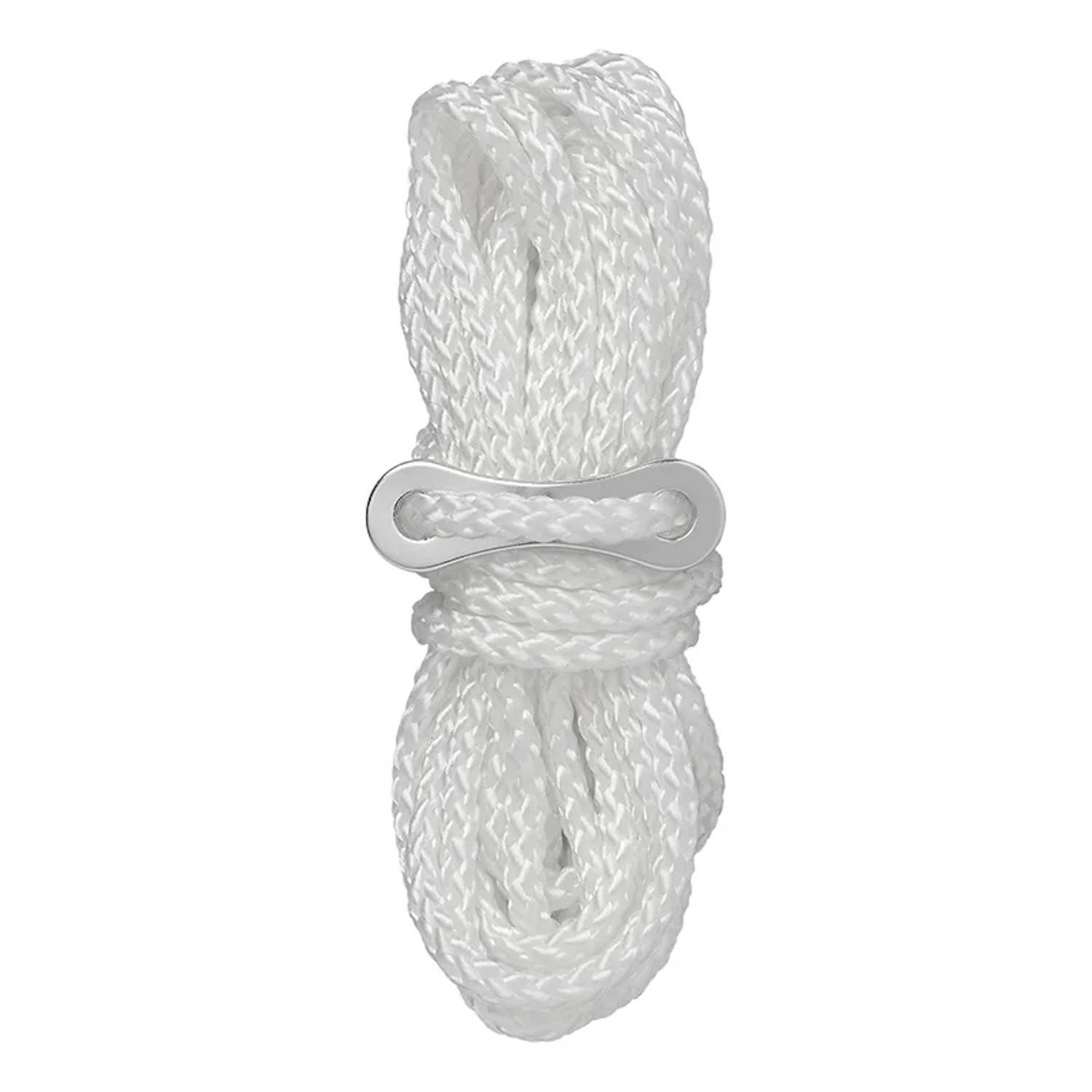 Ein gebündeltes weißes Seil mit einer Metallklemme, ordentlich für Lagerung oder Verwendung aufgerollt.