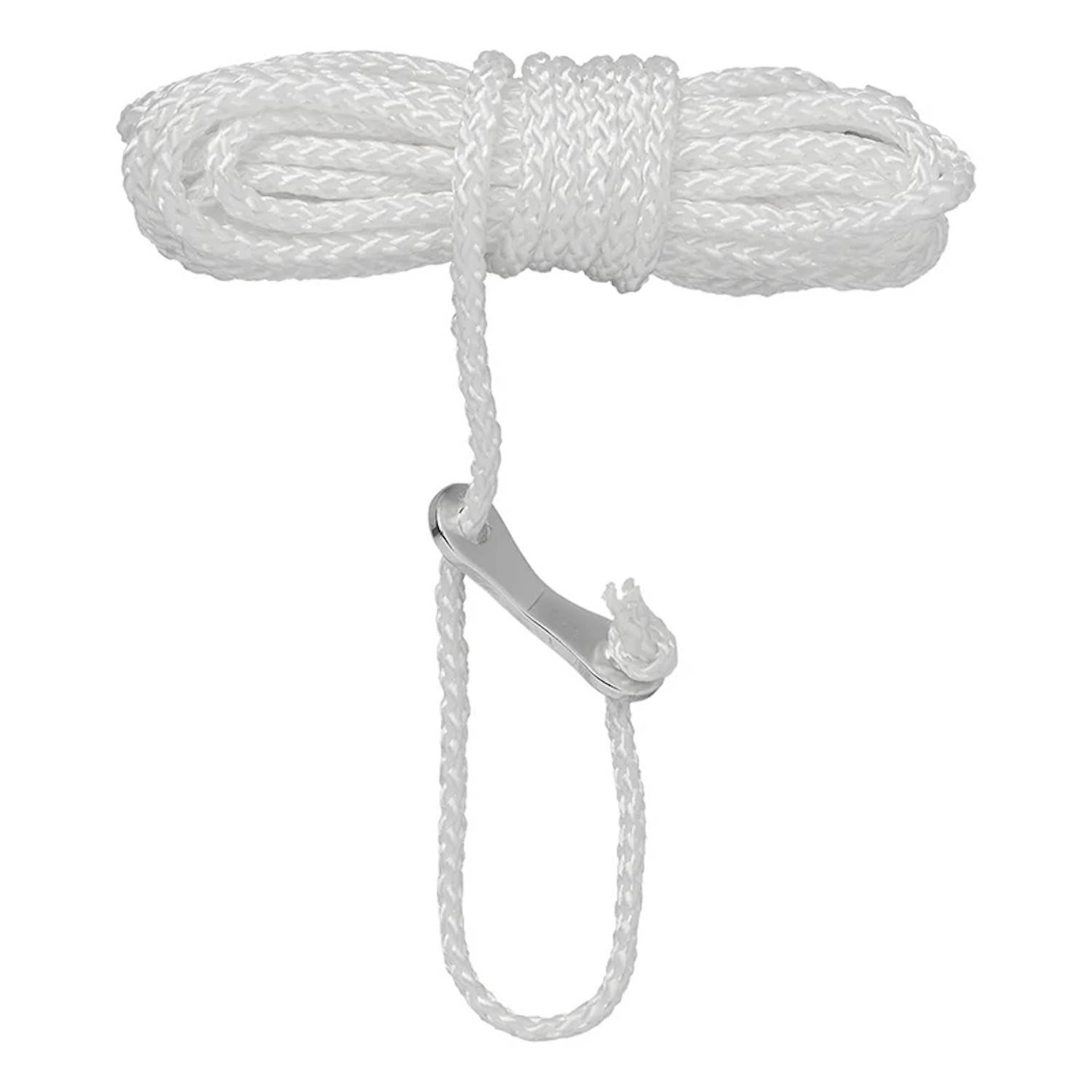 Weiße aufgewickelte Leine mit angebrachter Metallleine, isoliert auf weißem Hintergrund.
