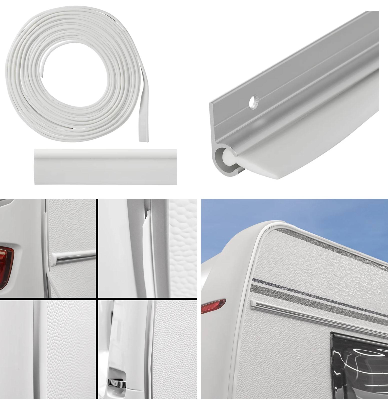 RV-Dichtungssatz mit Ringdichtung, Seitenansicht, Nahaufnahme der Installation und Anwendung am RV, die verschiedene Blickwinkel und Verwendungsmöglichkeiten veranschaulicht.