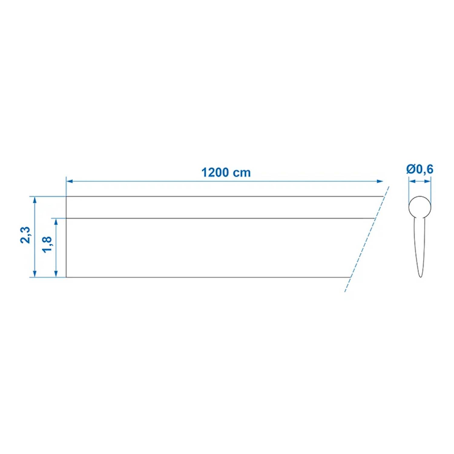 Bauplan eines rechteckigen Objekts mit Abmessungen: Länge 1200 cm, Höhe 2,3 cm, Tiefe 1,8 cm; enthält einen Ø0,6 cm Stift.