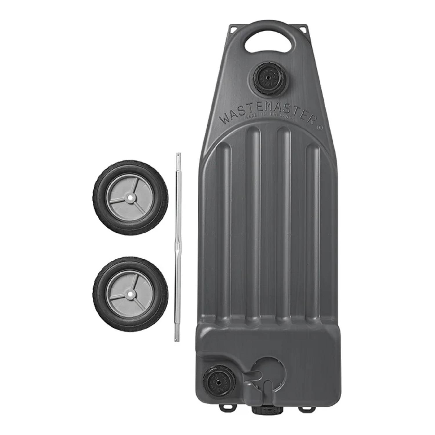 Wastemaster' tragbarer Abfalltank mit zwei Rädern und Zuggriff, entwickelt für einfachen Transport von Abfällen.