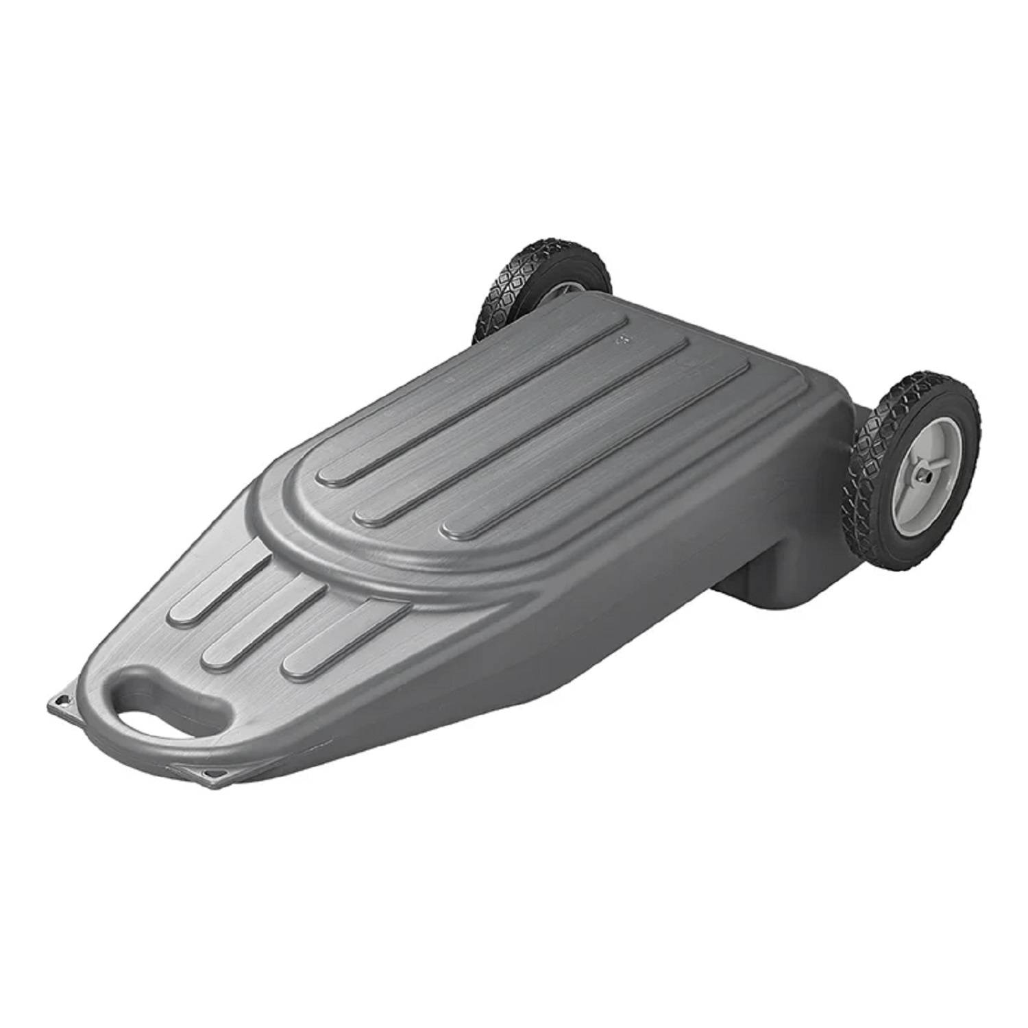 Mülltonnendeckel für den Außenbereich mit Griffen und angehängten Rädern, konzipiert für einfachen Transport und Aufbewahrung von Abfällen.