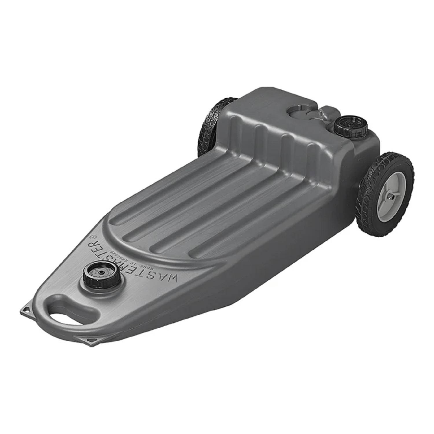 Ein grauer tragbarer AbfallhaltTank mit zwei Rädern und drei Verschlüssen, der für einen einfachen Transport und die Entsorgung von Abfällen entwickelt wurde.