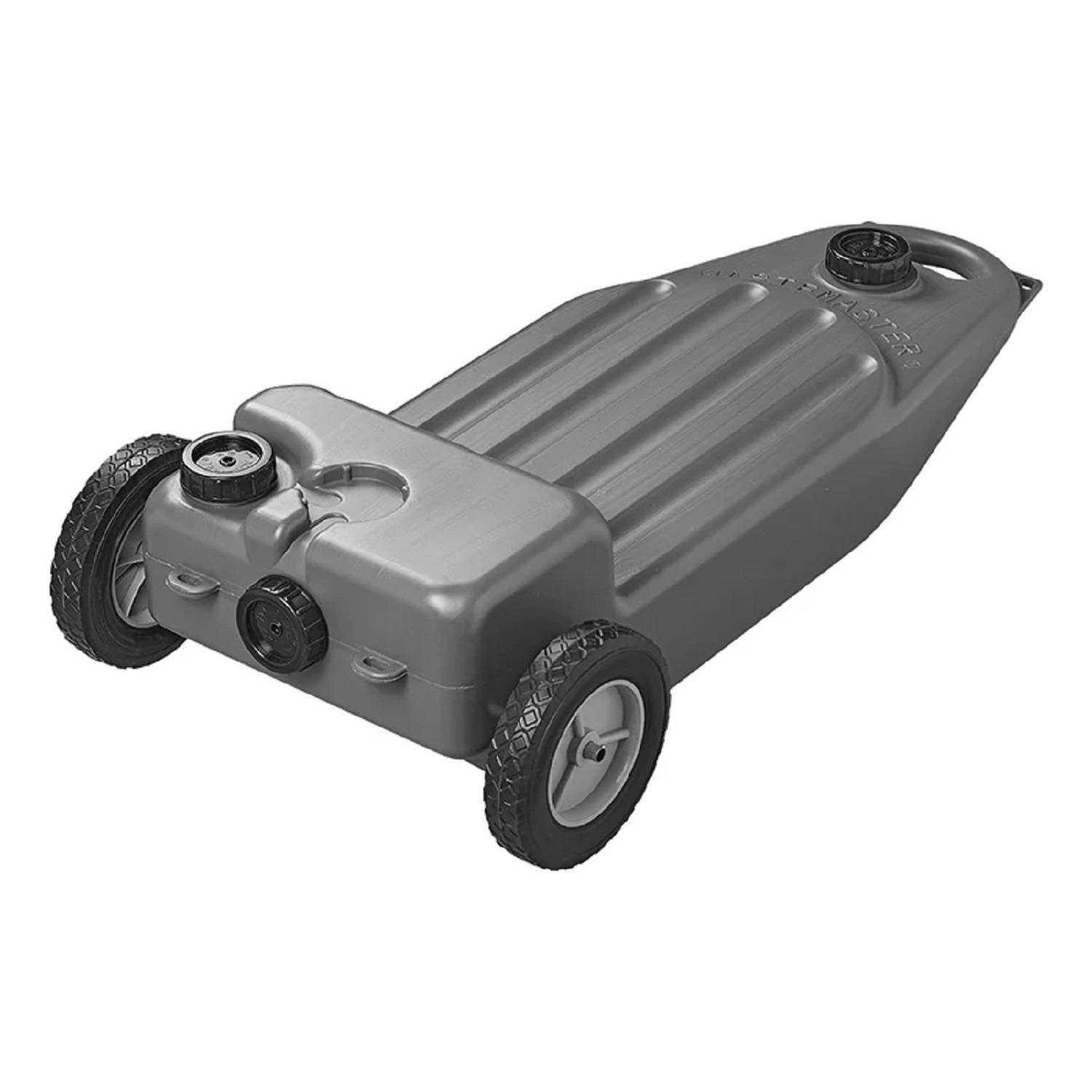Ein tragbarer, rollengelagerter Wasserkanister mit zwei Verschlussdeckeln und robuster Konstruktion, geeignet für einfachen Transport und Lagerung von Flüssigkeiten.