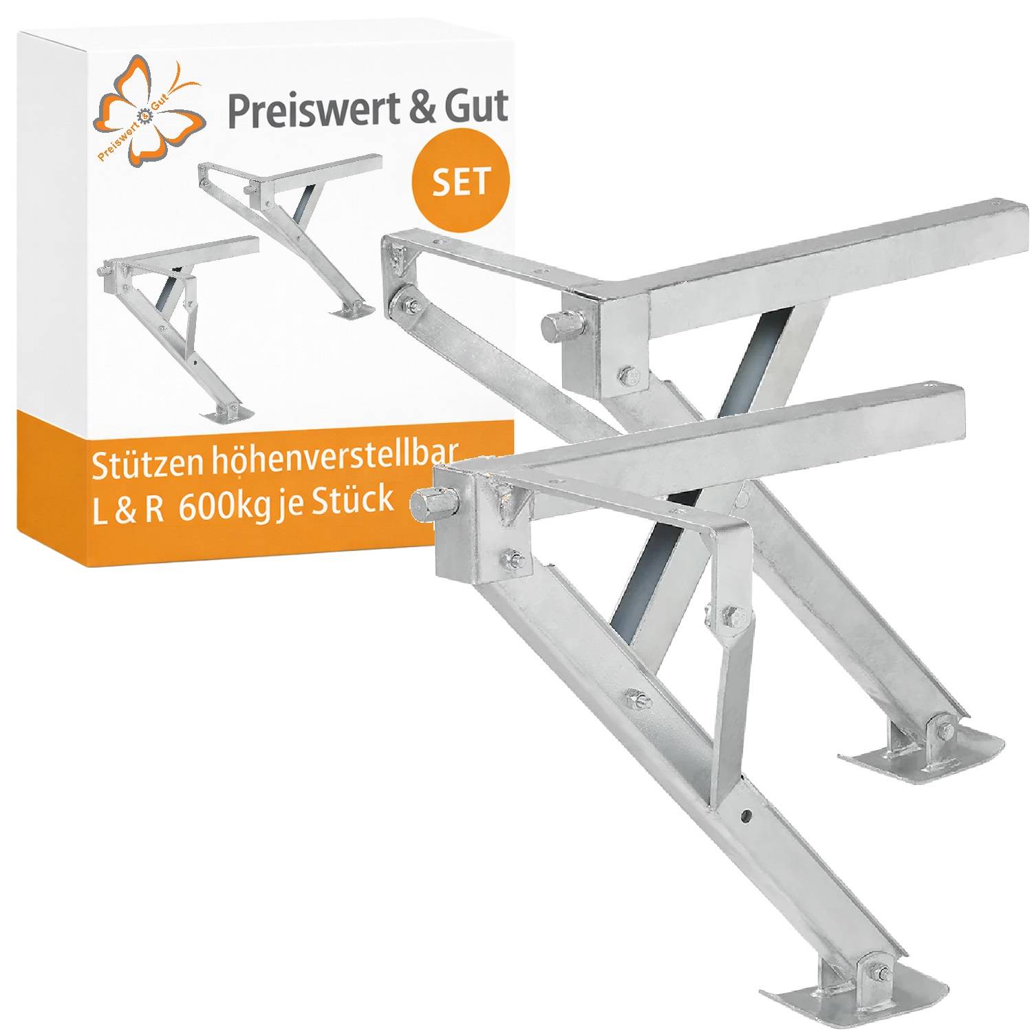Satz verstellbarer Stützböcke mit einer Tragfähigkeit von je 600kg, gezeigt neben einer Verpackung mit der Aufschrift „Preiswert & Gut SET