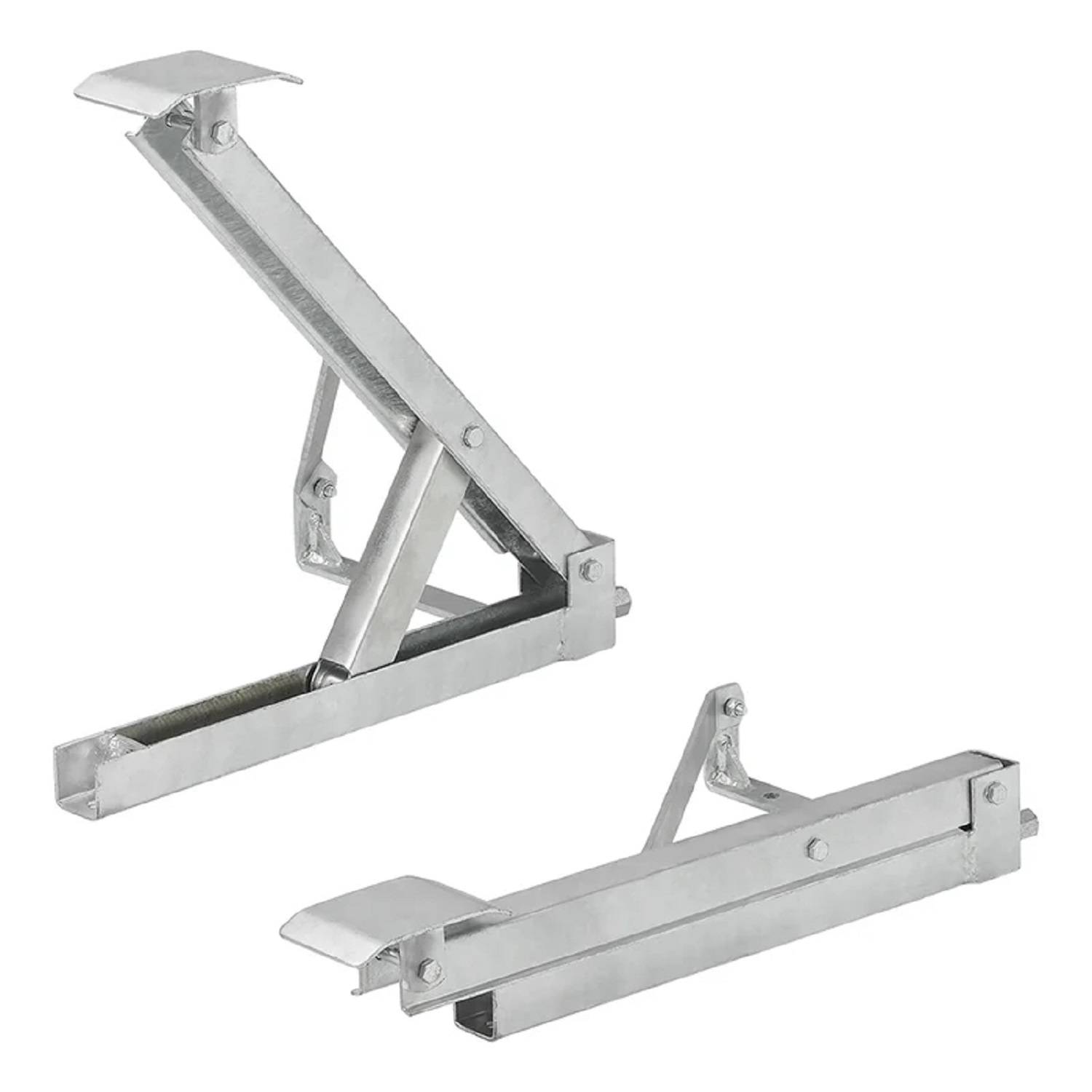 Zwei silberne, klappbare Regalhalterungen, die in offener und geschlossener Position gezeigt werden und ihre ausziehbare Funktion zur Montage und Unterstützung demonstrieren.