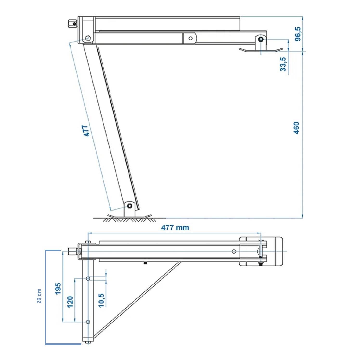 Eine technische Zeichnung, die Seiten- und Draufsicht eines verstellbaren Stützarms mit Maßangaben zeigt: Höhe 471 mm, Länge 477 mm und Breite 23 cm.