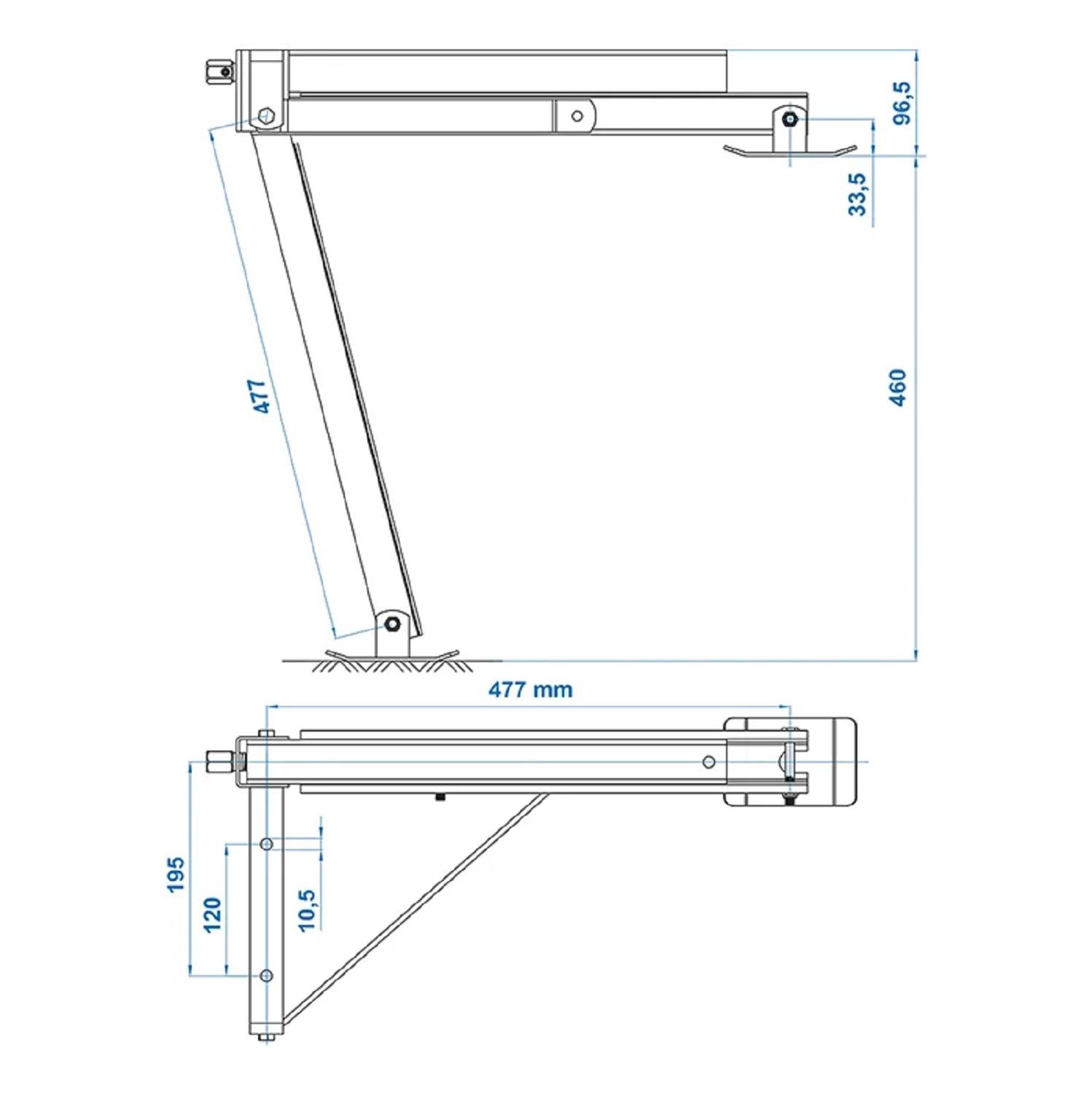 Technische Zeichnung eines verstellbaren Arms mit Abmessungen. Der Arm erstreckt sich über 471 mm mit erkennbaren Winkeln und beschrifteten Maßen, wie 120 mm, 105 mm und 195 mm.