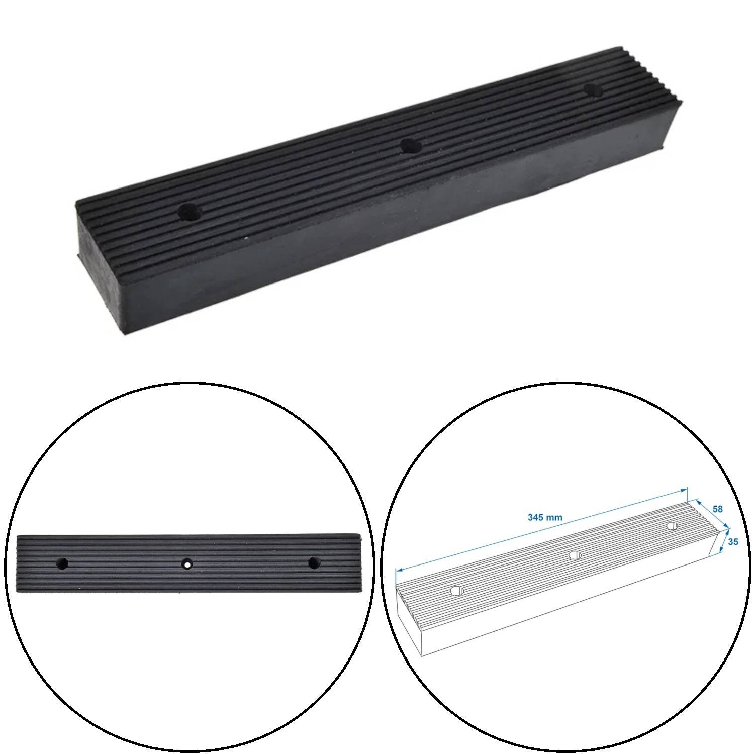 Schwarze Verbundstoff-Tramunterlage mit gerippter Oberfläche und drei Löchern zur Befestigung; Diagramme zeigen die Abmessungen: 345 mm lang und 68 mm hoch.
